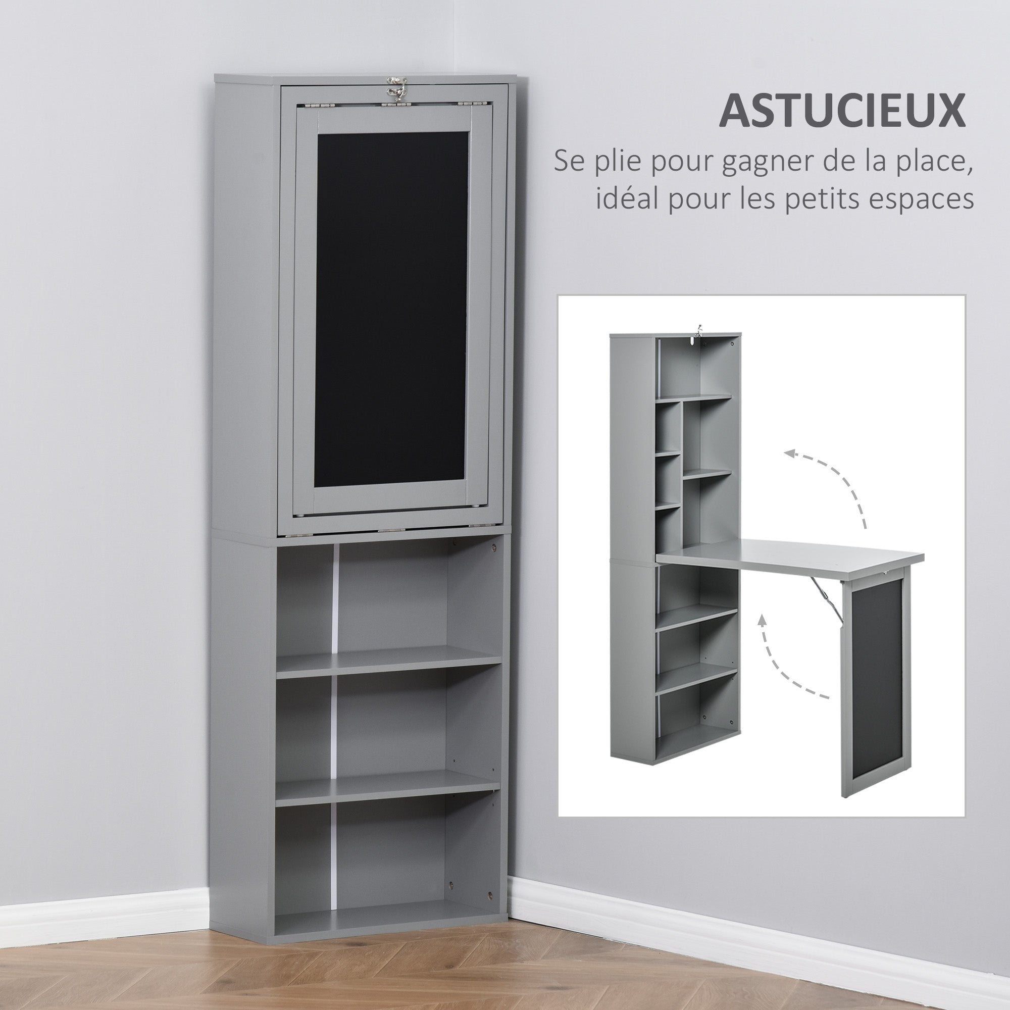 Foldable Computer Desk with Storage, Wall-mounted Foldable Table with Bookshelf, Workstation, Chalkboard, and Adjustable Shelf, Dark Gray