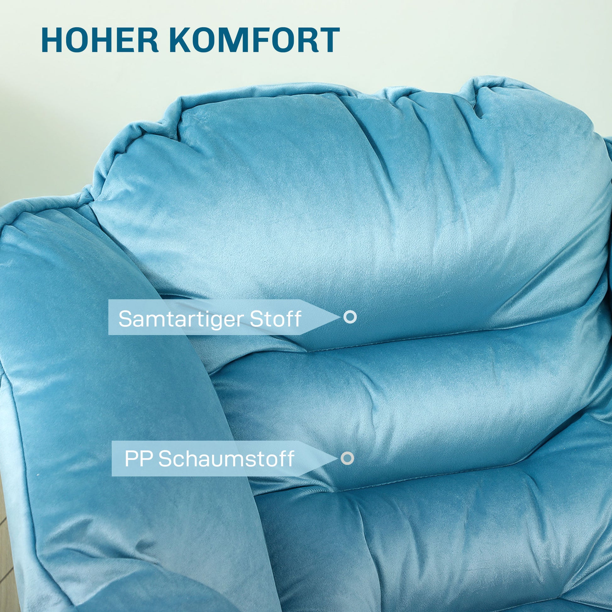 Chair Living Room Lounge Chair Padded Relax Chair with Side Pocket, Steel Legs Upholstered Chair with Velvet Look, Single Chair for Bedroom, Blue