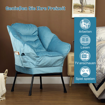 Chair Living Room Lounge Chair Padded Relax Chair with Side Pocket, Steel Legs Upholstered Chair with Velvet Look, Single Chair for Bedroom, Blue