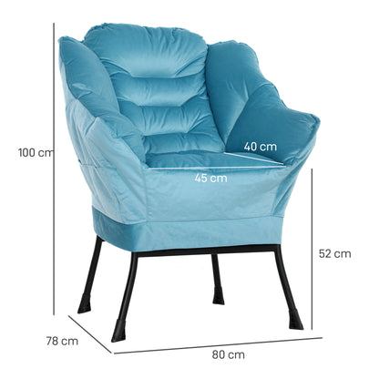 Chair Living Room Lounge Chair Padded Relax Chair with Side Pocket, Steel Legs Upholstered Chair with Velvet Look, Single Chair for Bedroom, Blue