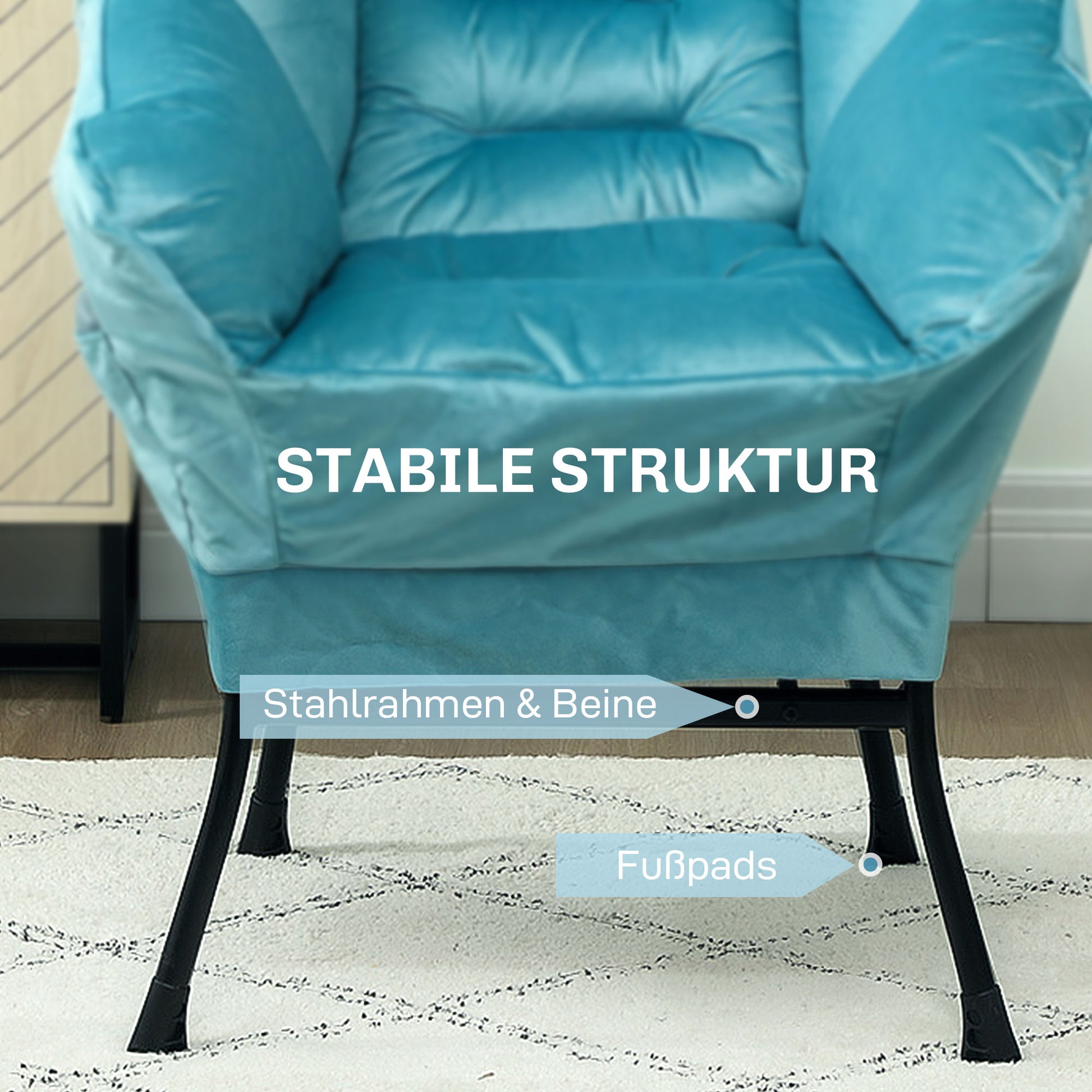 Chair Living Room Lounge Chair Padded Relax Chair with Side Pocket, Steel Legs Upholstered Chair with Velvet Look, Single Chair for Bedroom, Blue