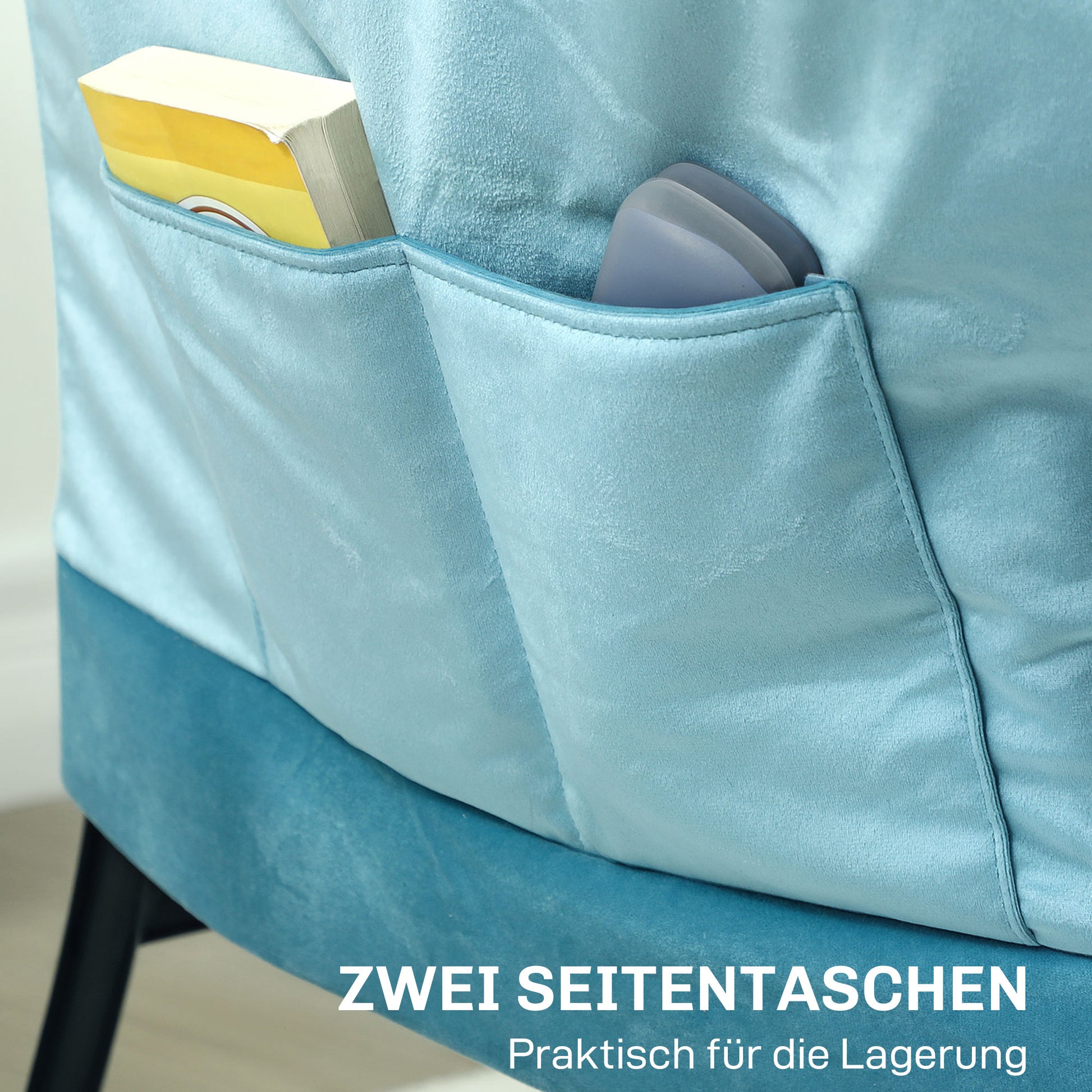 Chair Living Room Lounge Chair Padded Relax Chair with Side Pocket, Steel Legs Upholstered Chair with Velvet Look, Single Chair for Bedroom, Blue