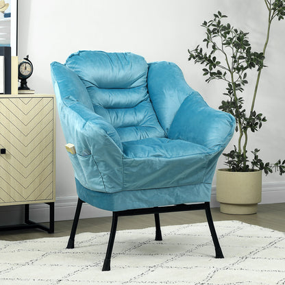 Chair Living Room Lounge Chair Padded Relax Chair with Side Pocket, Steel Legs Upholstered Chair with Velvet Look, Single Chair for Bedroom, Blue