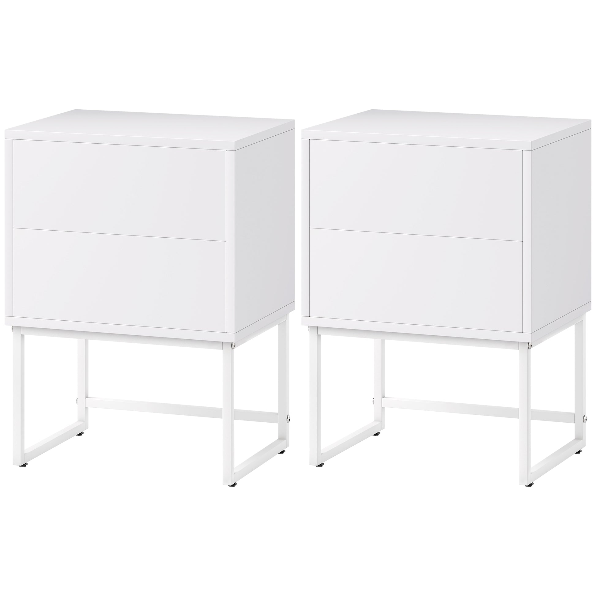 Pack of 2 Narrow Bedside Tables Bedroom Nightstands with 2 Push-Open Drawers and Steel Legs Modern Style 40x30x55 cm White
