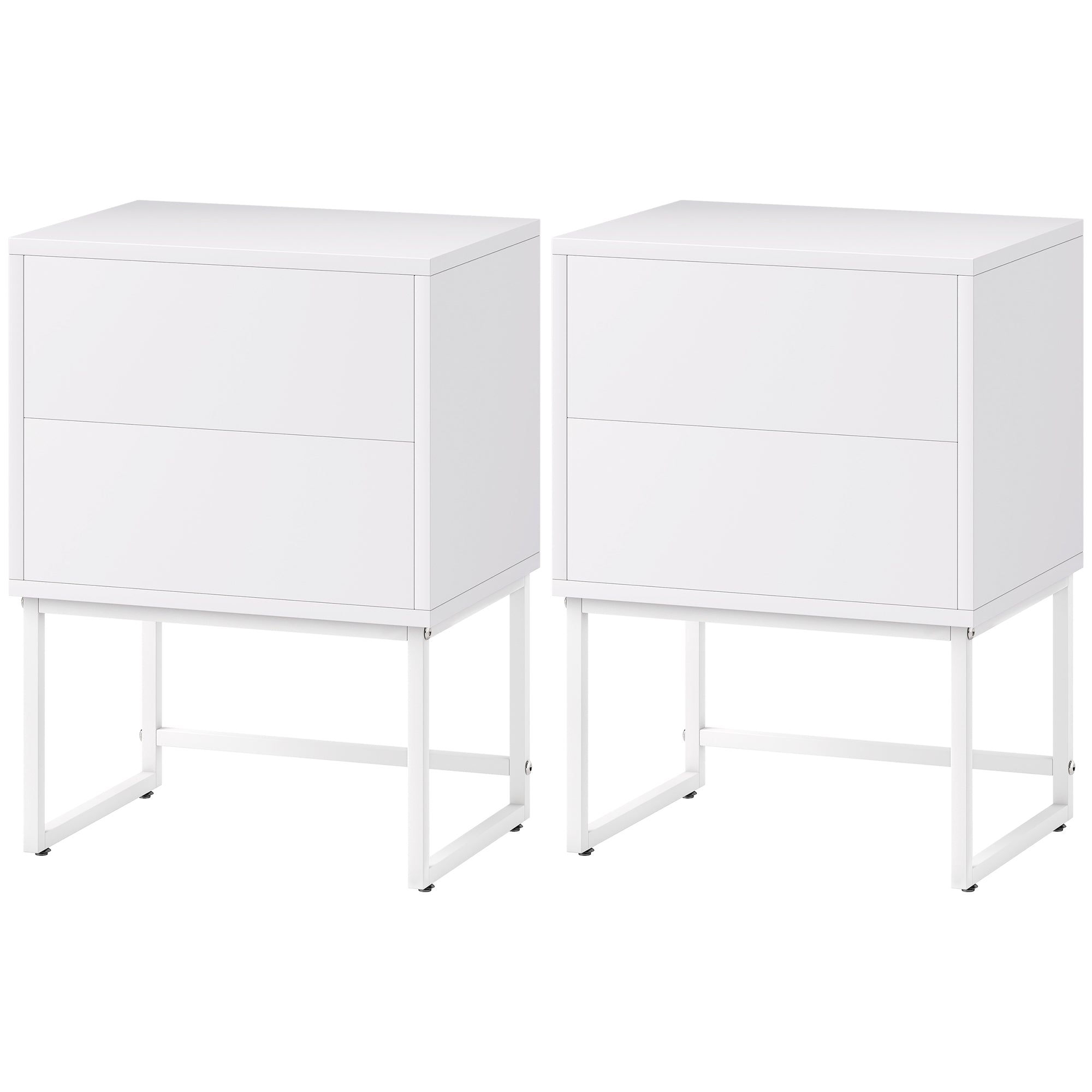 Pack of 2 Narrow Bedside Tables Bedroom Nightstands with 2 Push-Open Drawers and Steel Legs Modern Style 40x30x55 cm White