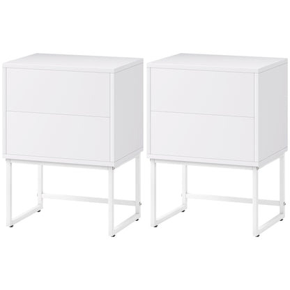 Pack of 2 Narrow Bedside Tables Bedroom Nightstands with 2 Push-Open Drawers and Steel Legs Modern Style 40x30x55 cm White