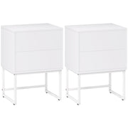 Pack of 2 Narrow Bedside Tables Bedroom Nightstands with 2 Push-Open Drawers and Steel Legs Modern Style 40x30x55 cm White