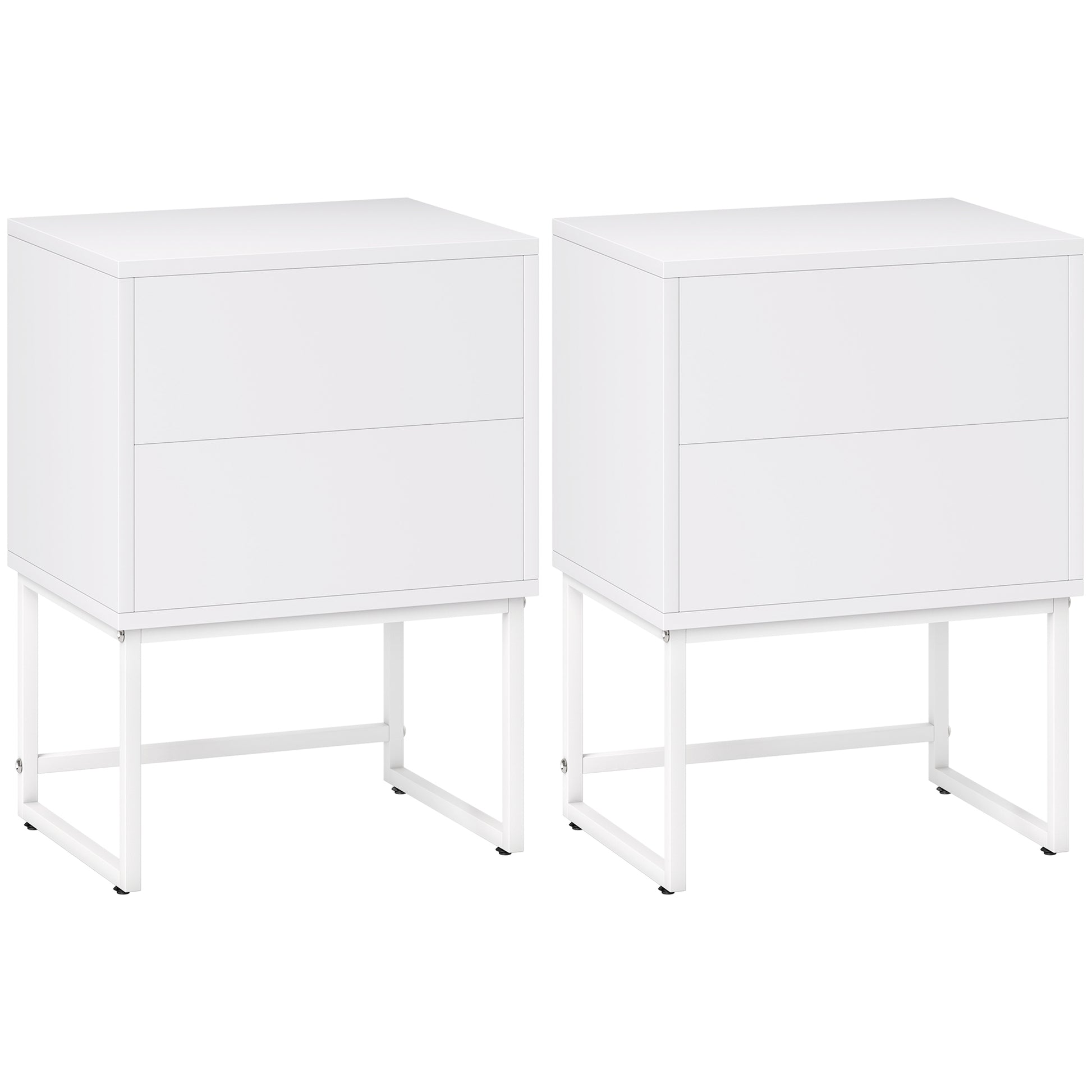Pack of 2 Narrow Bedside Tables Bedroom Nightstands with 2 Push-Open Drawers and Steel Legs Modern Style 40x30x55 cm White