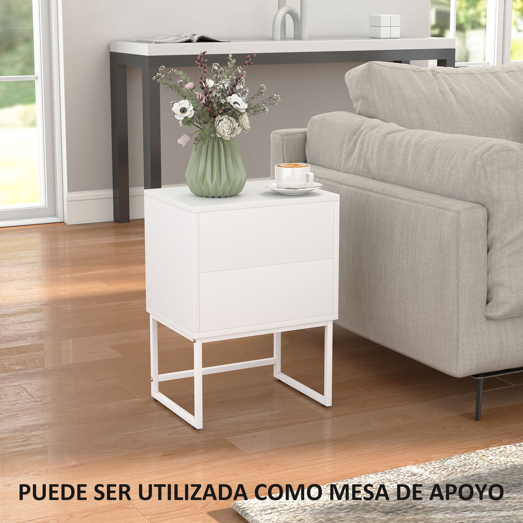 Pack of 2 Narrow Bedside Tables Bedroom Nightstands with 2 Push-Open Drawers and Steel Legs Modern Style 40x30x55 cm White