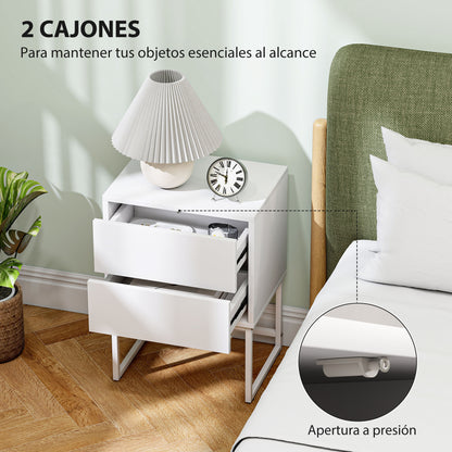 Pack of 2 Narrow Bedside Tables Bedroom Nightstands with 2 Push-Open Drawers and Steel Legs Modern Style 40x30x55 cm White