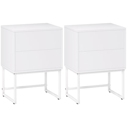 Pack of 2 Narrow Bedside Tables Bedroom Nightstands with 2 Push-Open Drawers and Steel Legs Modern Style 40x30x55 cm White
