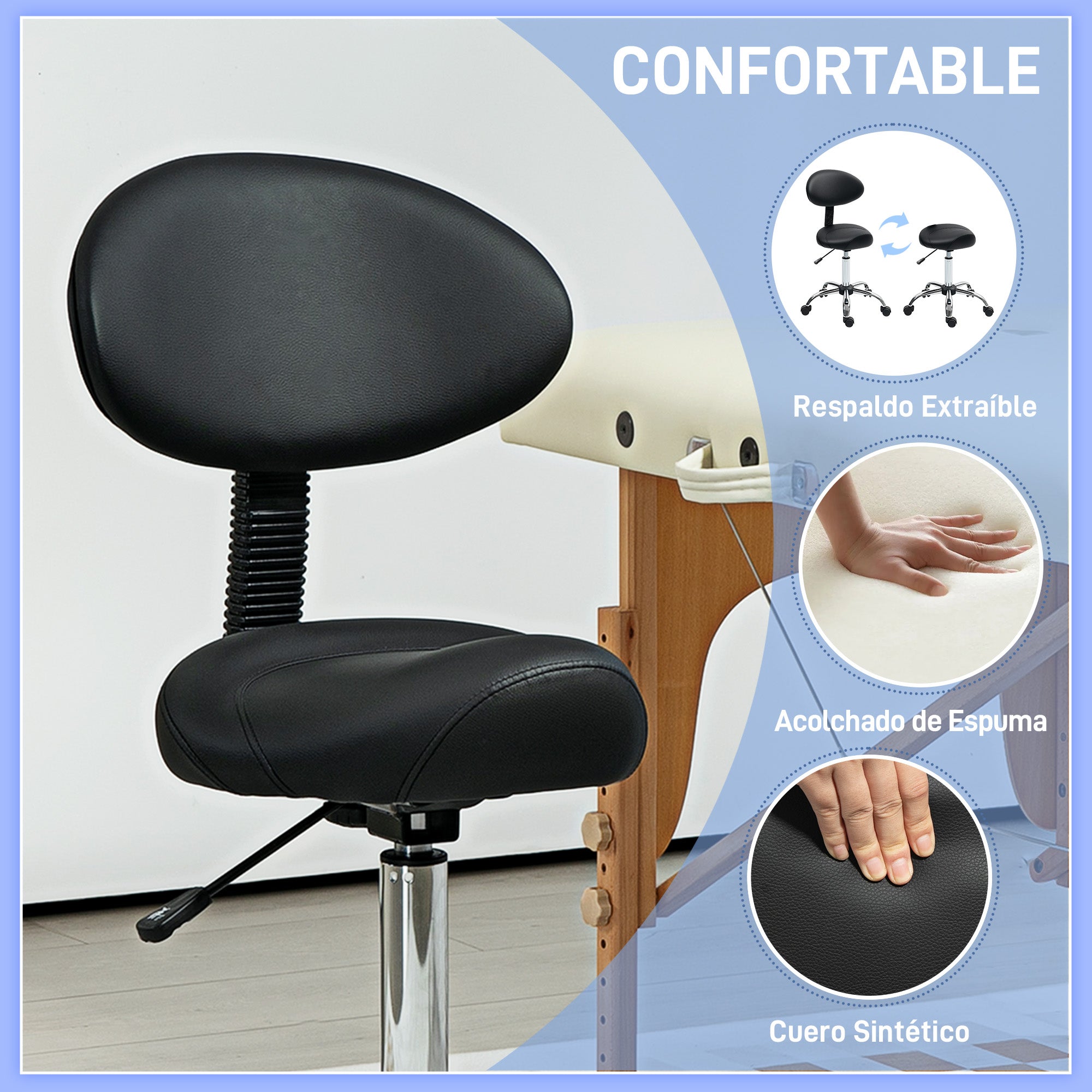 Swivel Stool with Wheels and Removable Backrest Work Stool with Adjustable Height 83-98 cm Synthetic Leather Upholstered Seat Black