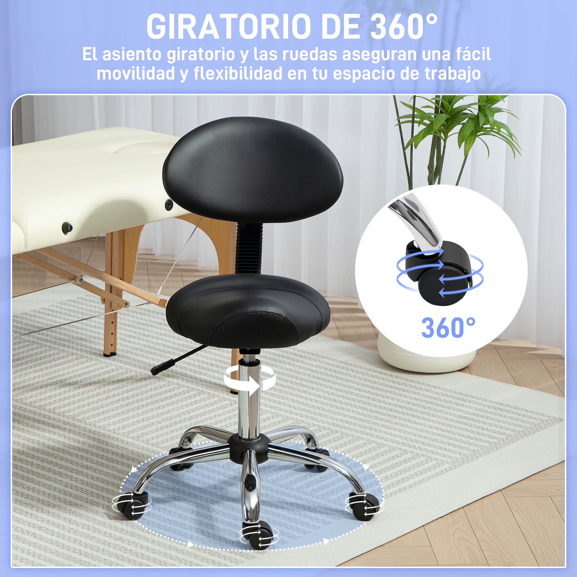 Swivel Stool with Wheels and Removable Backrest Work Stool with Adjustable Height 83-98 cm Synthetic Leather Upholstered Seat Black