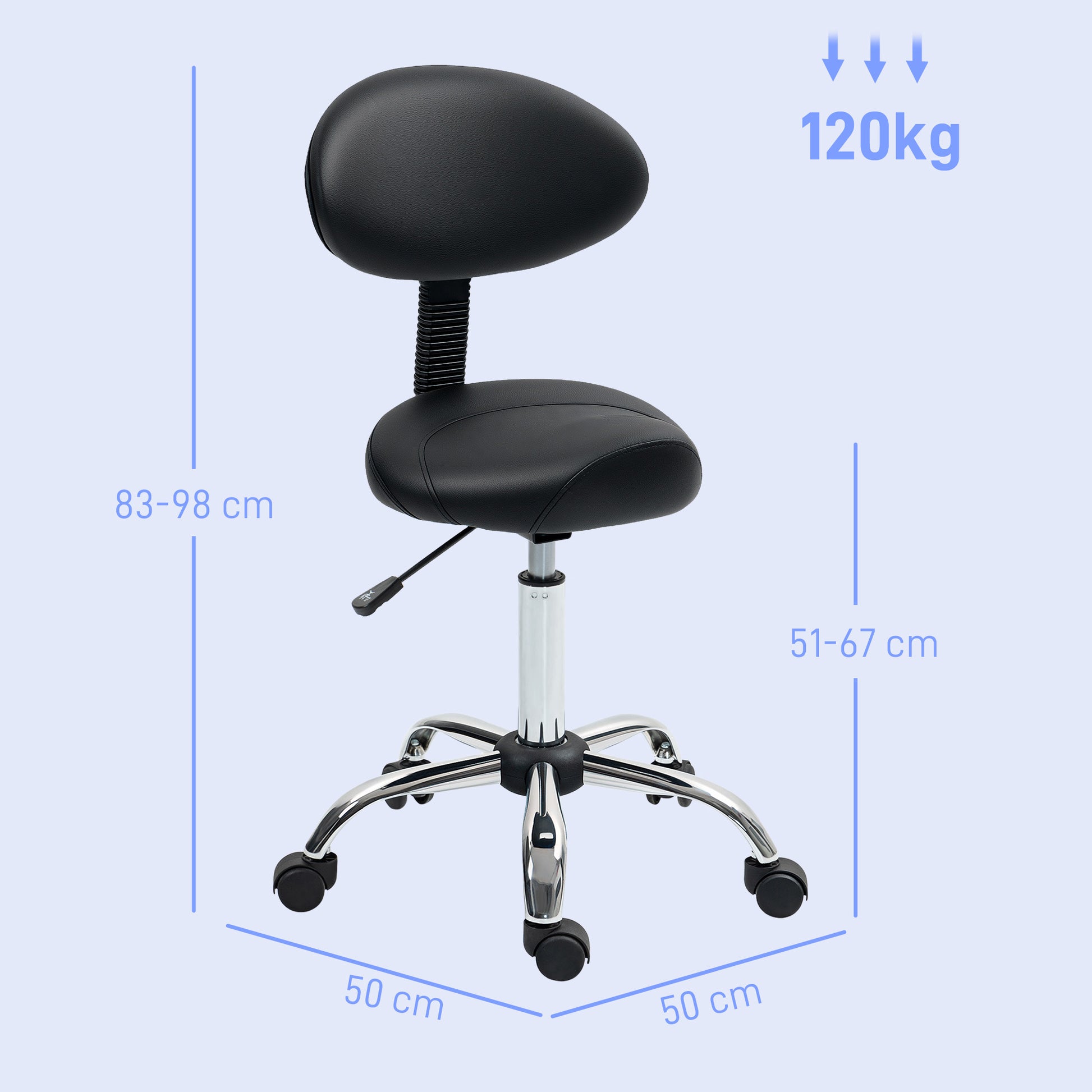 Swivel Stool with Wheels and Removable Backrest Work Stool with Adjustable Height 83-98 cm Synthetic Leather Upholstered Seat Black