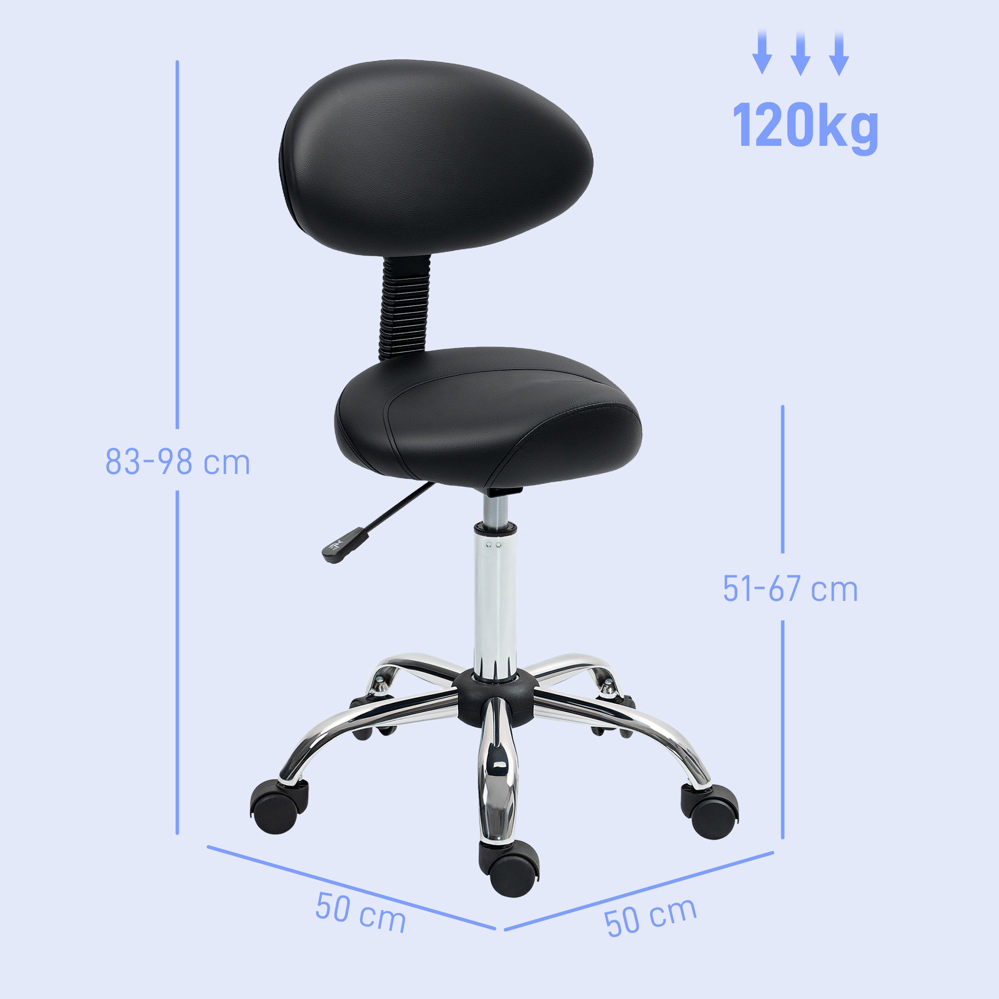 Swivel Stool with Wheels and Removable Backrest Work Stool with Adjustable Height 83-98 cm Synthetic Leather Upholstered Seat Black
