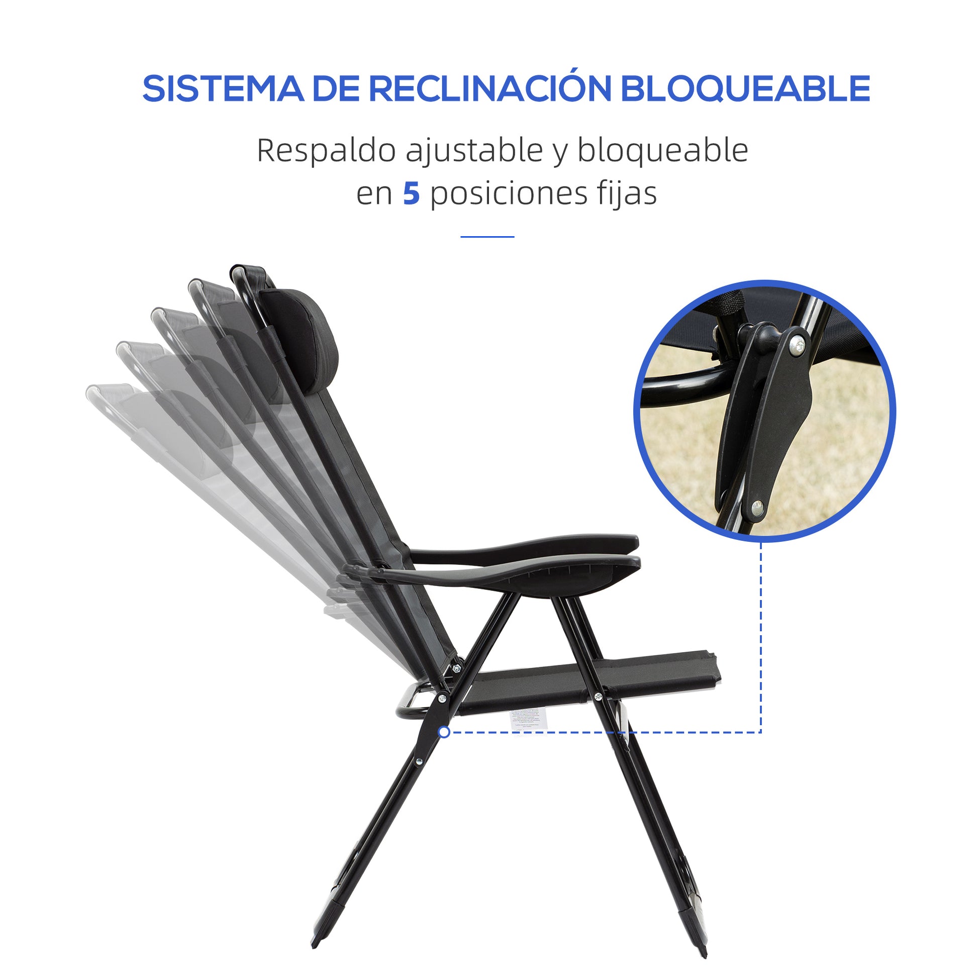Set of 2 Folding Camping Chairs Garden Chairs with Detachable Headrest and 5-Level Reclining Backrest Load 120 kg for Terrace Beach 62x70x109 cm Black
