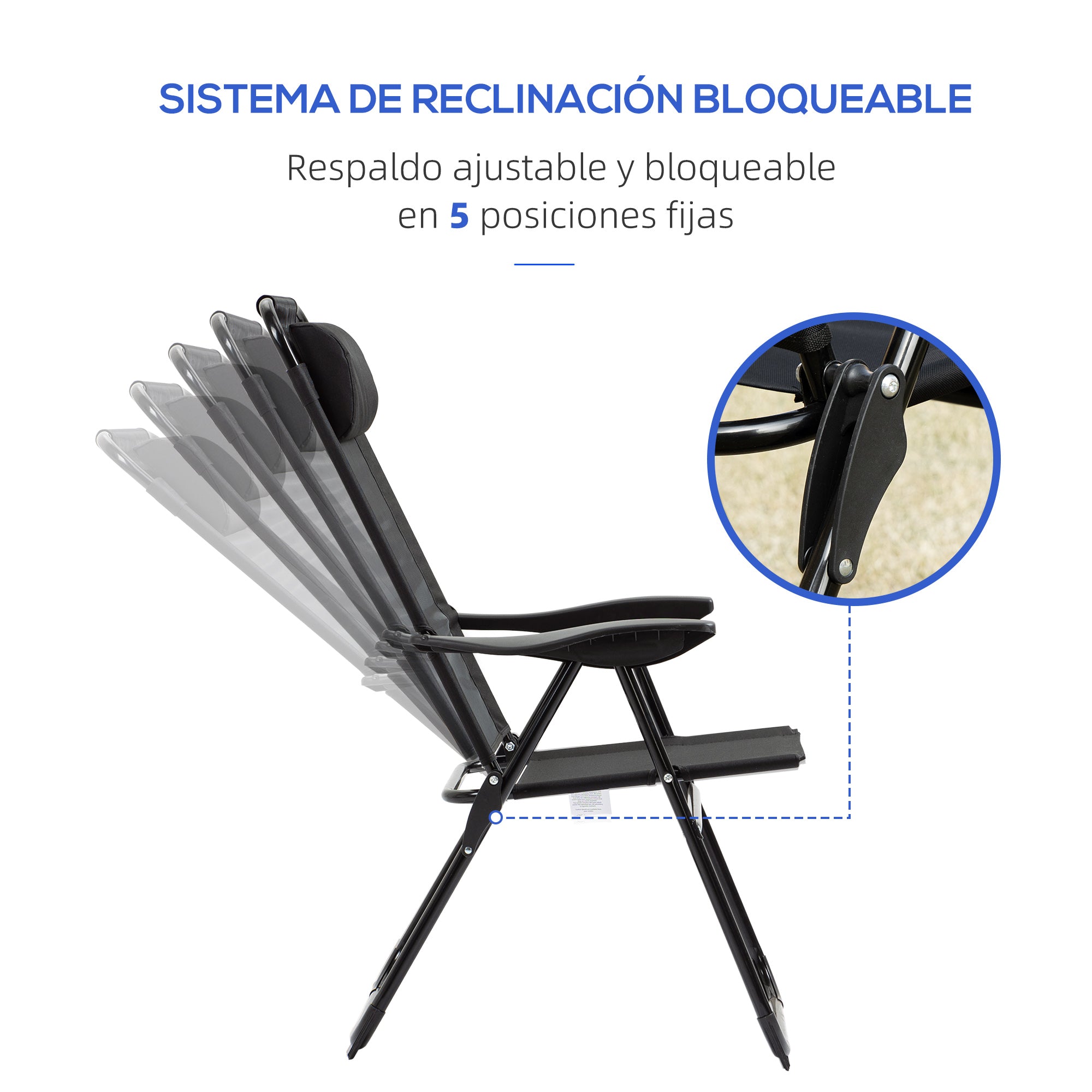 Set of 2 Folding Camping Chairs Garden Chairs with Detachable Headrest and 5-Level Reclining Backrest Load 120 kg for Terrace Beach 62x70x109 cm Black