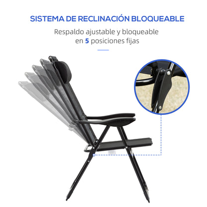 Set of 2 Folding Camping Chairs Garden Chairs with Detachable Headrest and 5-Level Reclining Backrest Load 120 kg for Terrace Beach 62x70x109 cm Black