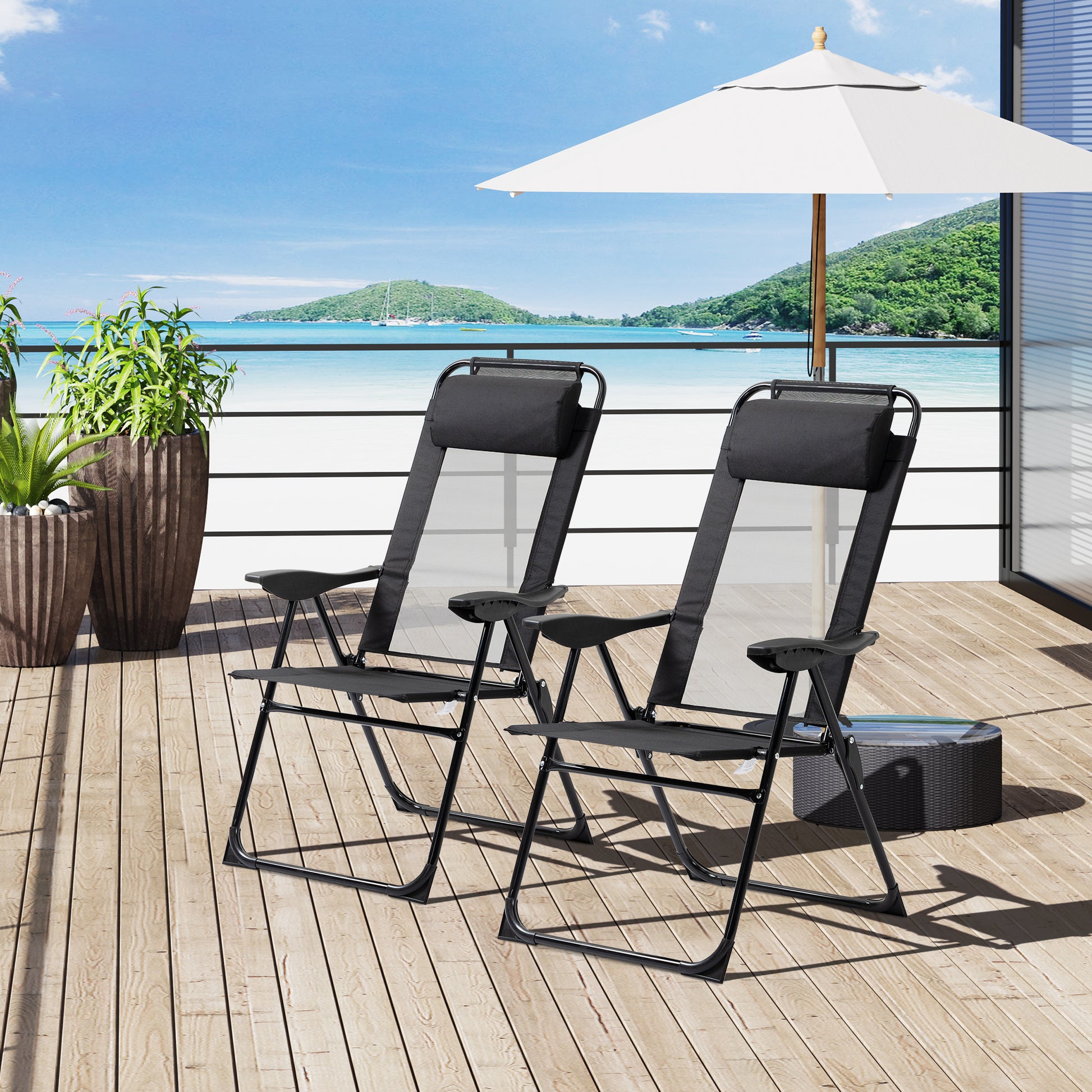 Set of 2 Folding Camping Chairs Garden Chairs with Detachable Headrest and 5-Level Reclining Backrest Load 120 kg for Terrace Beach 62x70x109 cm Black
