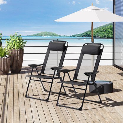 Set of 2 Folding Camping Chairs Garden Chairs with Detachable Headrest and 5-Level Reclining Backrest Load 120 kg for Terrace Beach 62x70x109 cm Black
