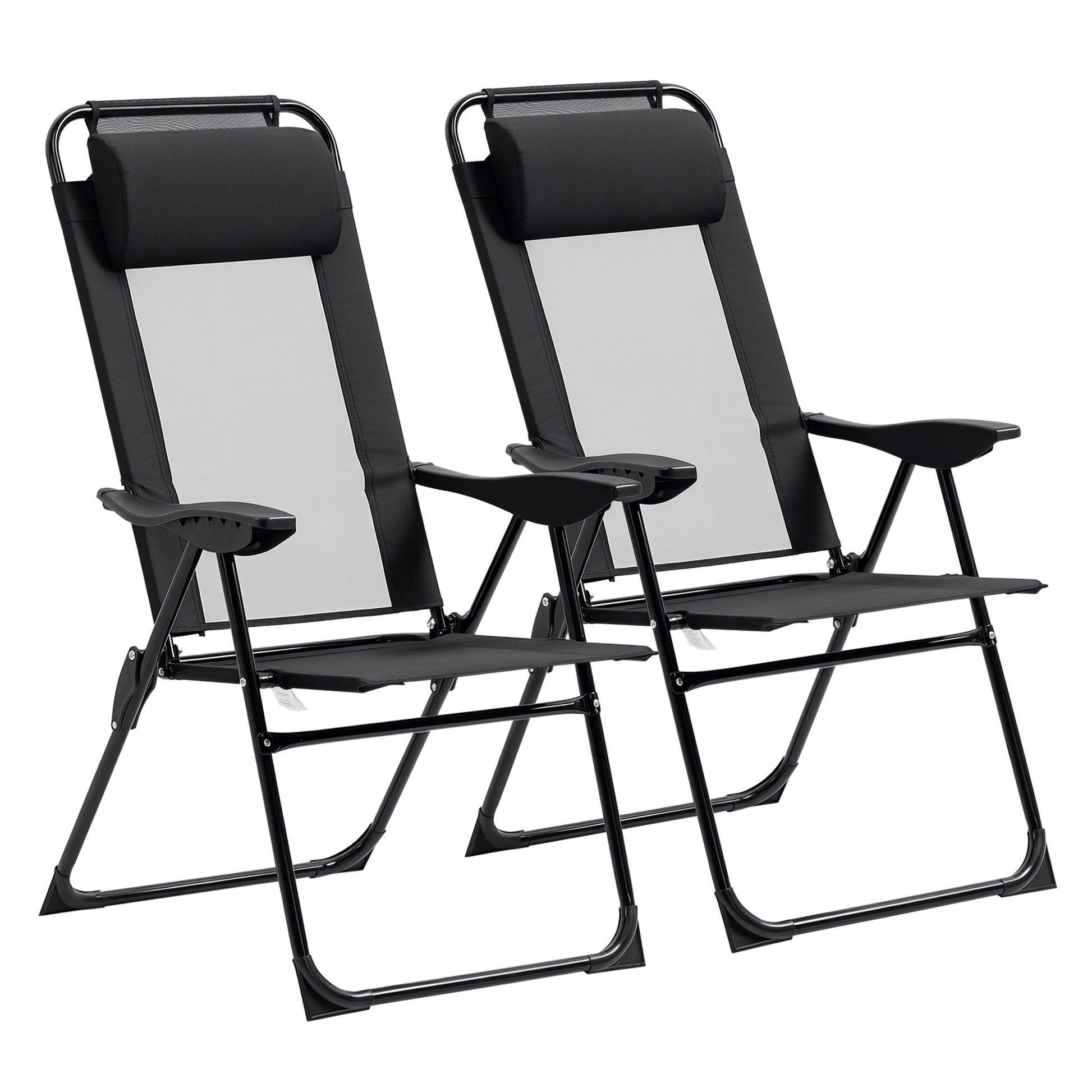 Set of 2 Folding Camping Chairs Garden Chairs with Detachable Headrest and 5-Level Reclining Backrest Load 120 kg for Terrace Beach 62x70x109 cm Black