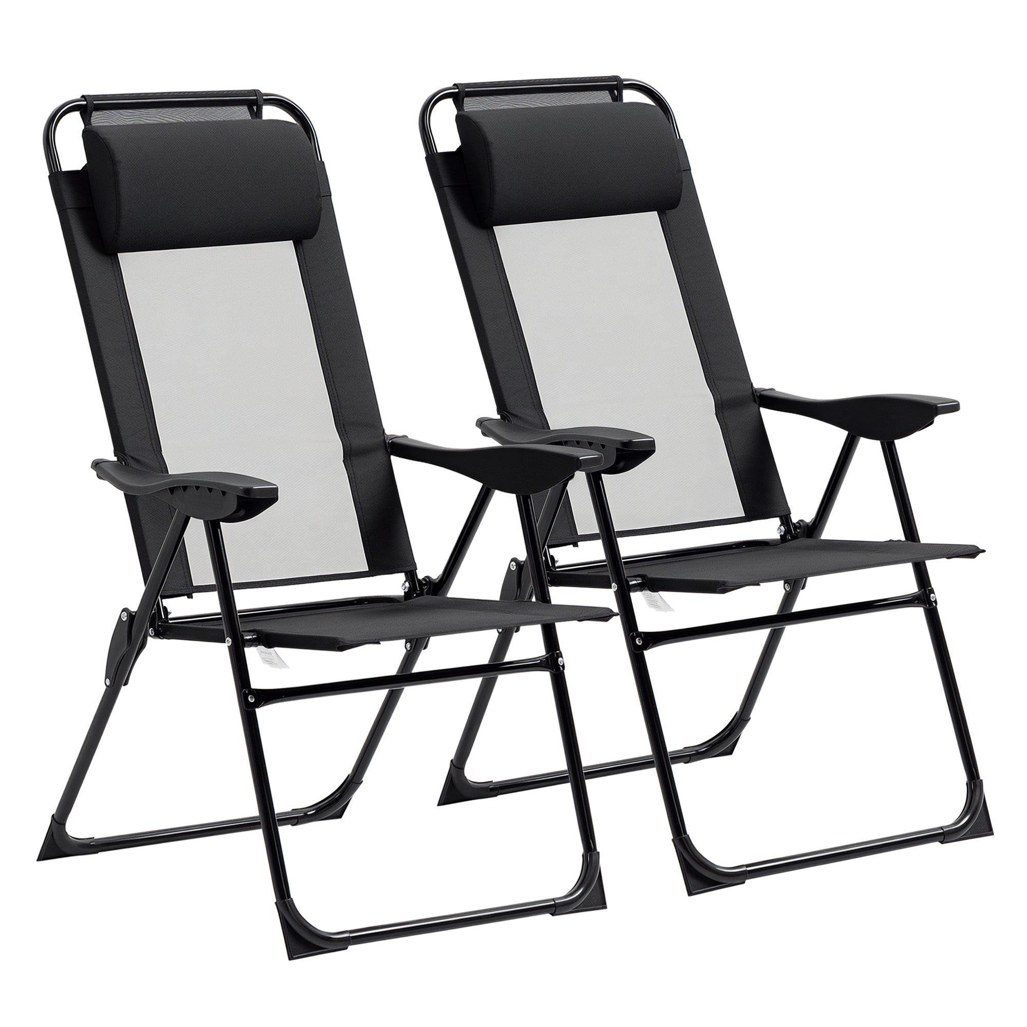 Set of 2 Folding Camping Chairs Garden Chairs with Detachable Headrest and 5-Level Reclining Backrest Load 120 kg for Terrace Beach 62x70x109 cm Black
