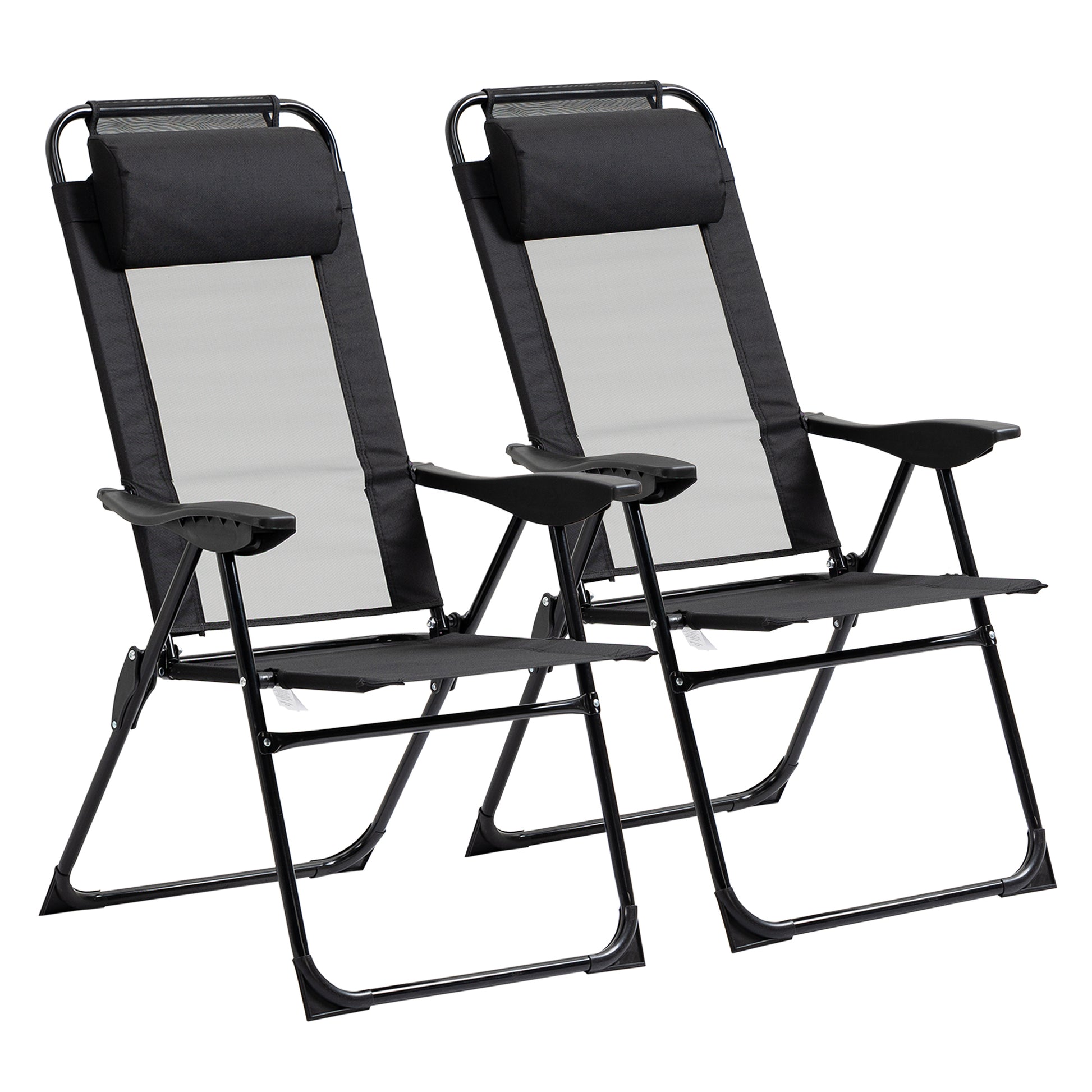 Set of 2 Folding Camping Chairs Garden Chairs with Detachable Headrest and 5-Level Reclining Backrest Load 120 kg for Terrace Beach 62x70x109 cm Black