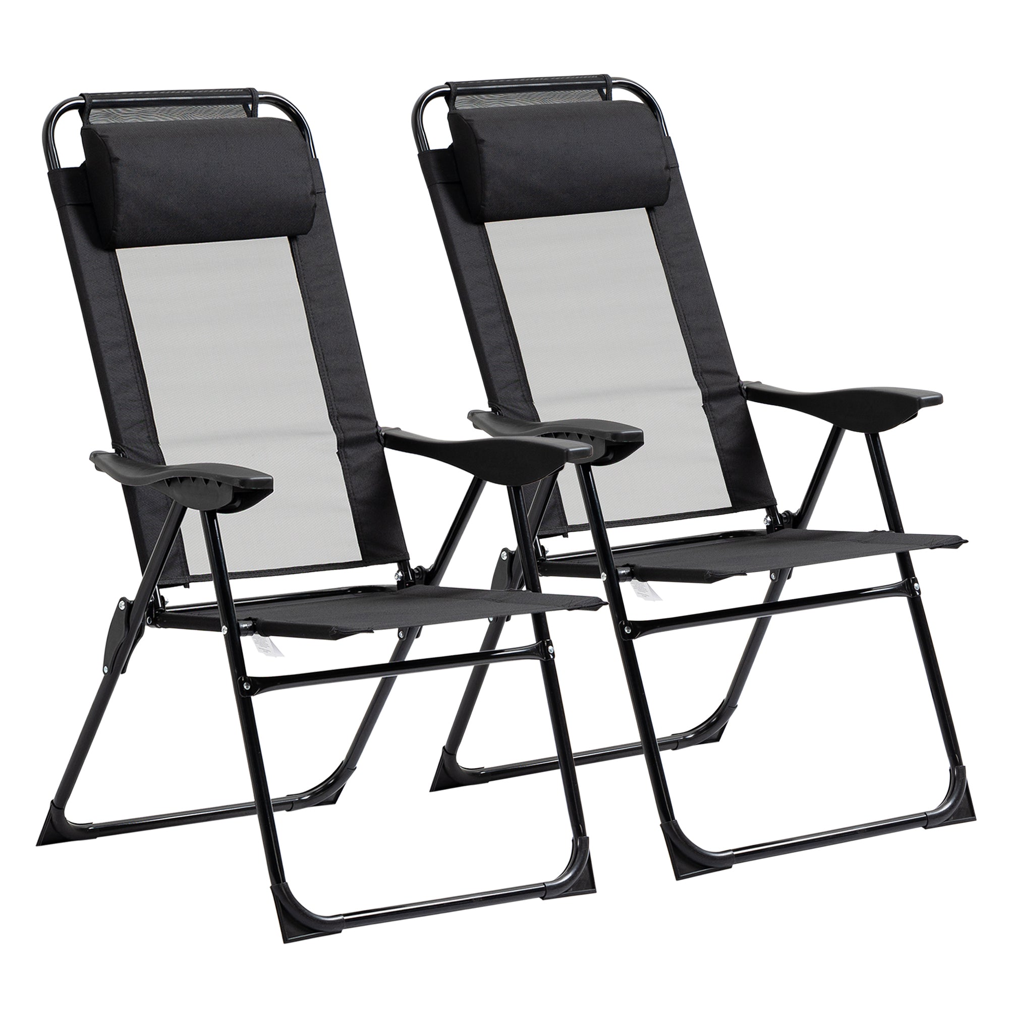 Set of 2 Folding Camping Chairs Garden Chairs with Detachable Headrest and 5-Level Reclining Backrest Load 120 kg for Terrace Beach 62x70x109 cm Black