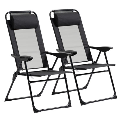 Set of 2 Folding Camping Chairs Garden Chairs with Detachable Headrest and 5-Level Reclining Backrest Load 120 kg for Terrace Beach 62x70x109 cm Black