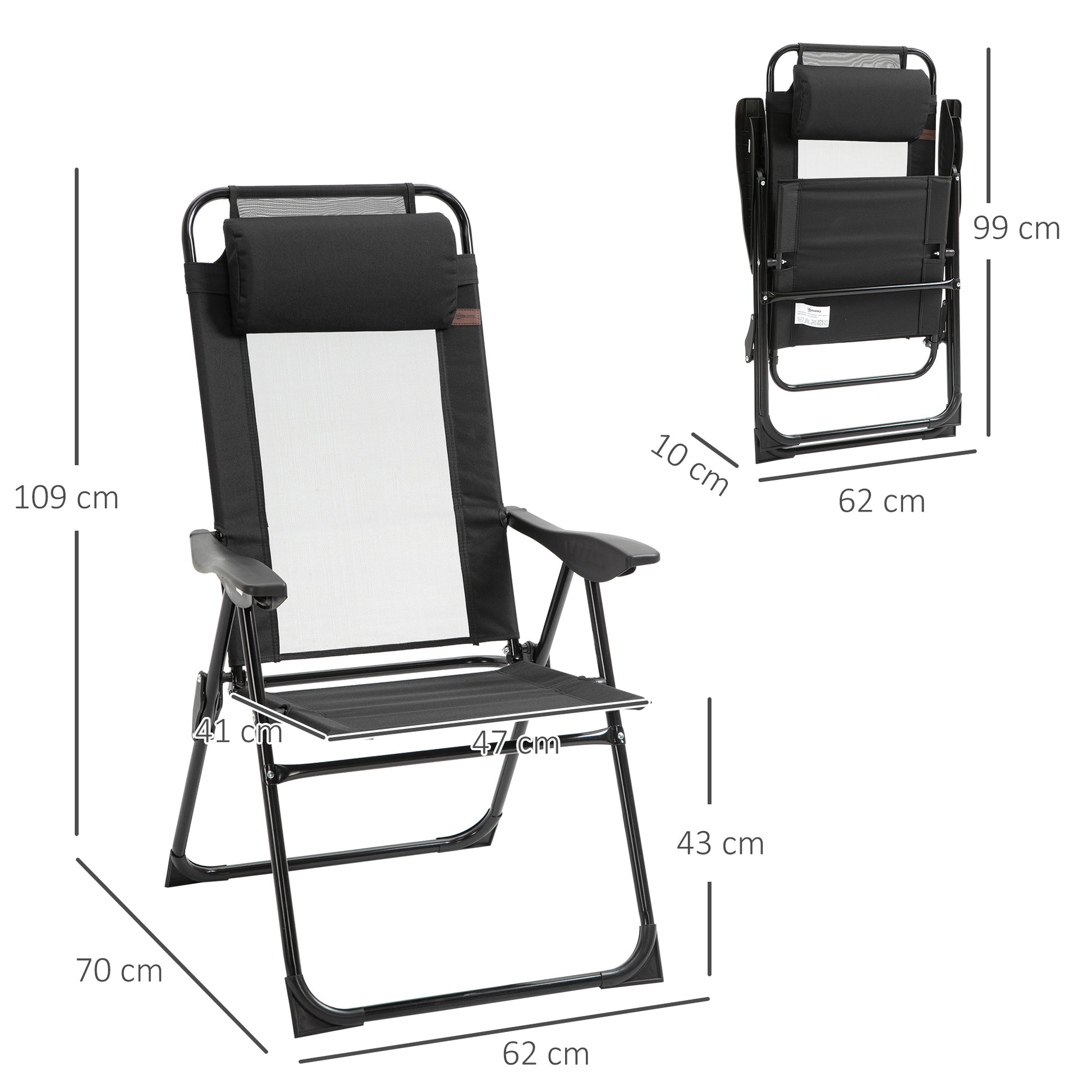 Set of 2 Folding Camping Chairs Garden Chairs with Detachable Headrest and 5-Level Reclining Backrest Load 120 kg for Terrace Beach 62x70x109 cm Black