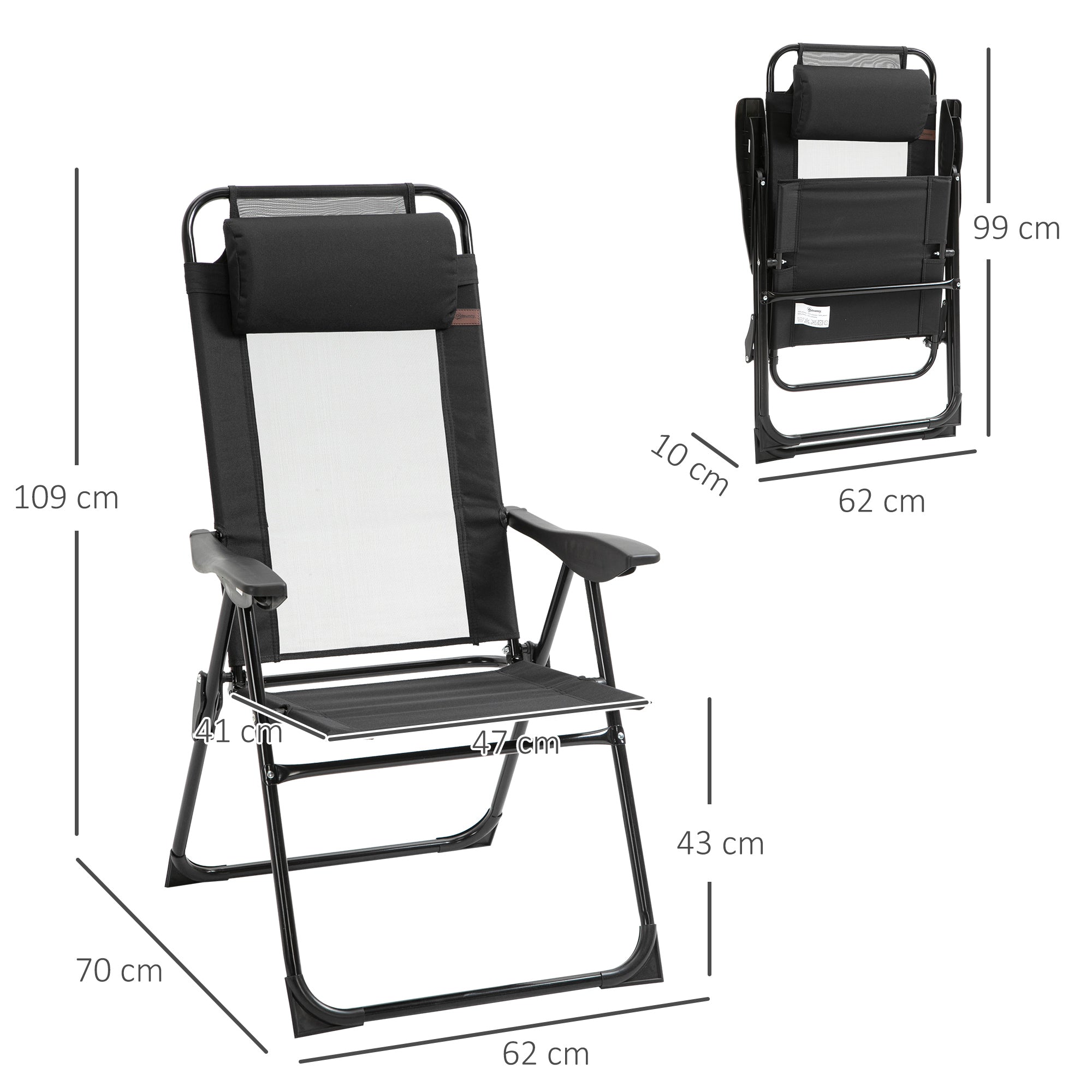 Set of 2 Folding Camping Chairs Garden Chairs with Detachable Headrest and 5-Level Reclining Backrest Load 120 kg for Terrace Beach 62x70x109 cm Black