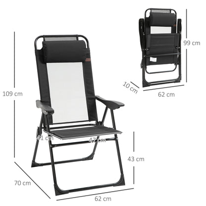 Set of 2 Folding Camping Chairs Garden Chairs with Detachable Headrest and 5-Level Reclining Backrest Load 120 kg for Terrace Beach 62x70x109 cm Black
