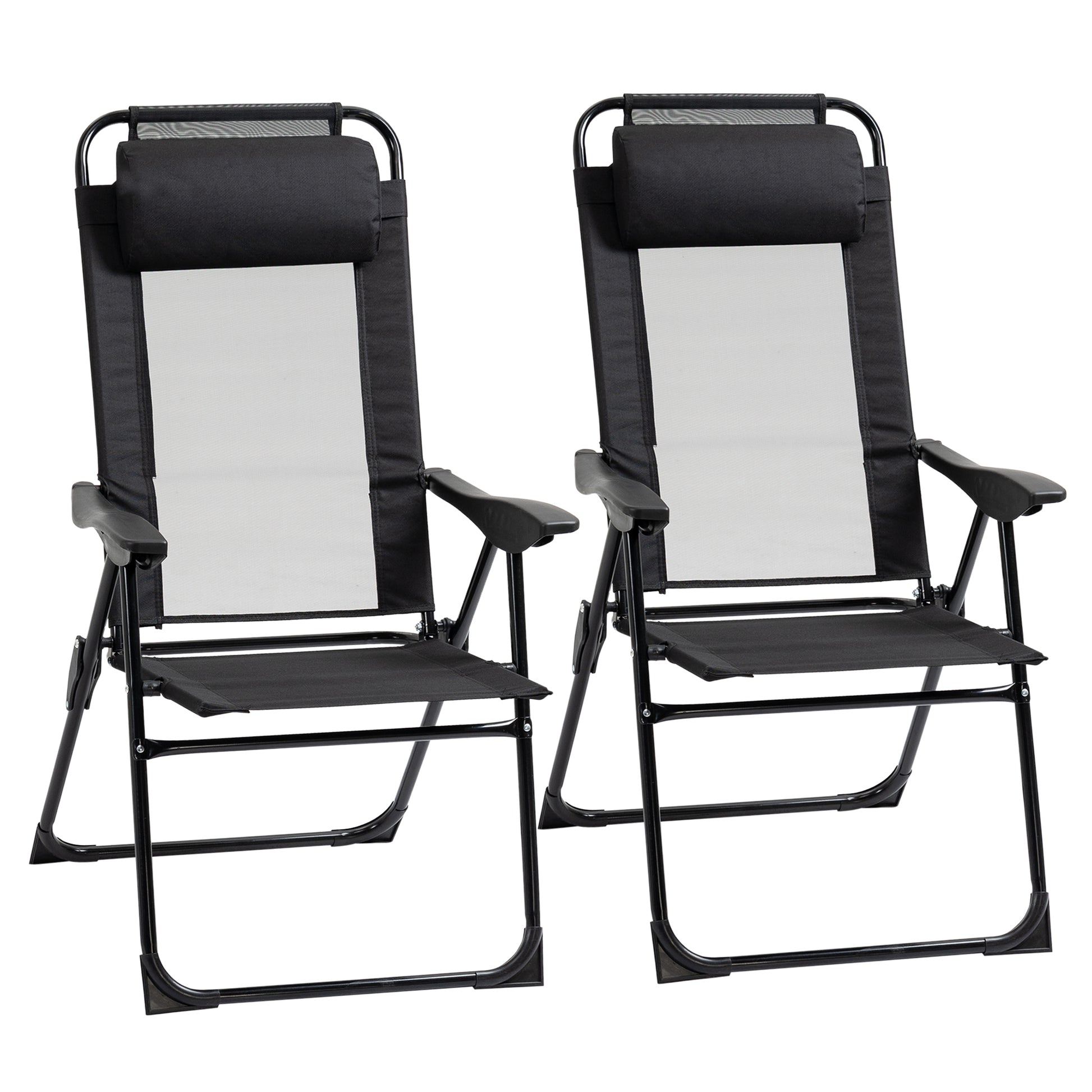 Set of 2 Folding Camping Chairs Garden Chairs with Detachable Headrest and 5-Level Reclining Backrest Load 120 kg for Terrace Beach 62x70x109 cm Black