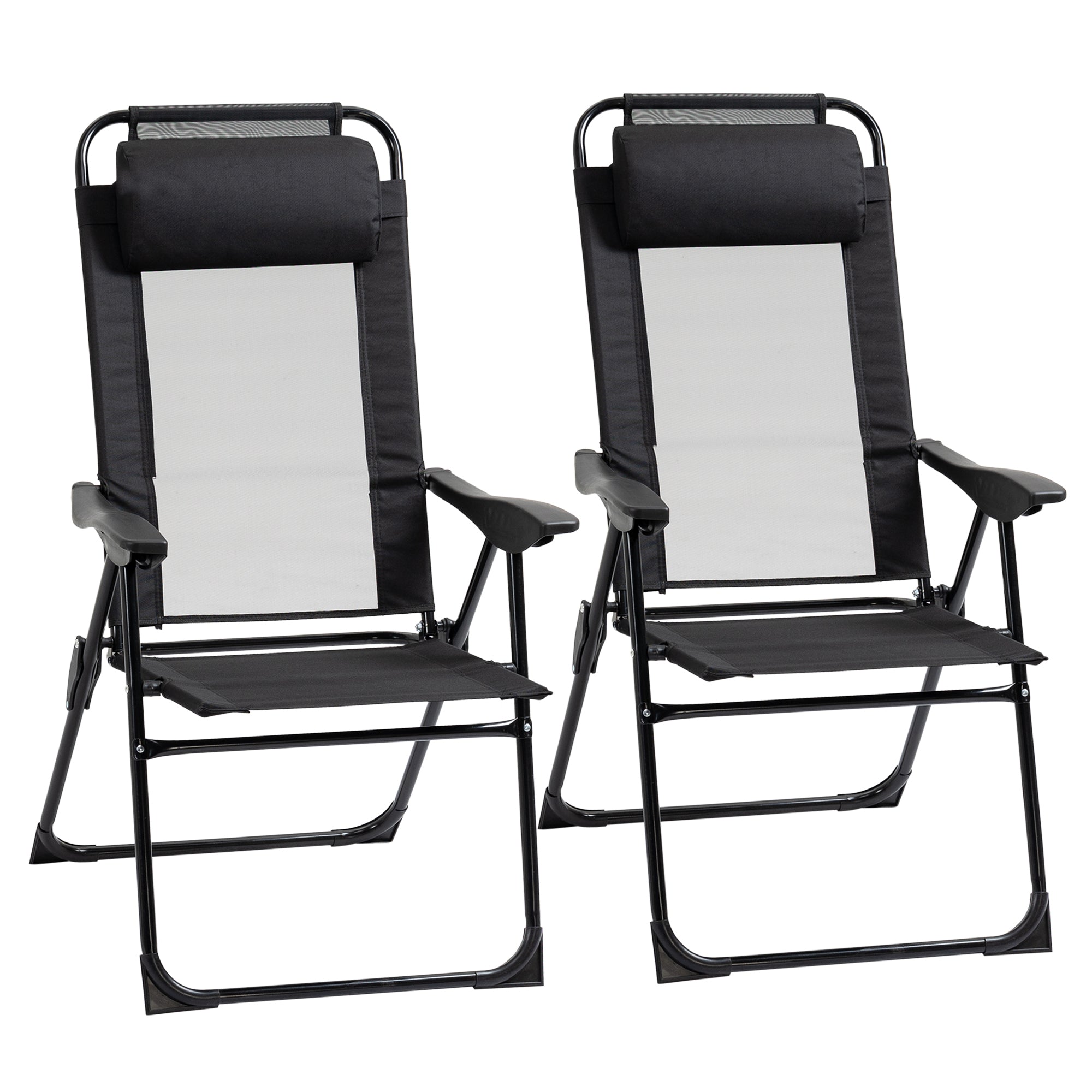 Set of 2 Folding Camping Chairs Garden Chairs with Detachable Headrest and 5-Level Reclining Backrest Load 120 kg for Terrace Beach 62x70x109 cm Black