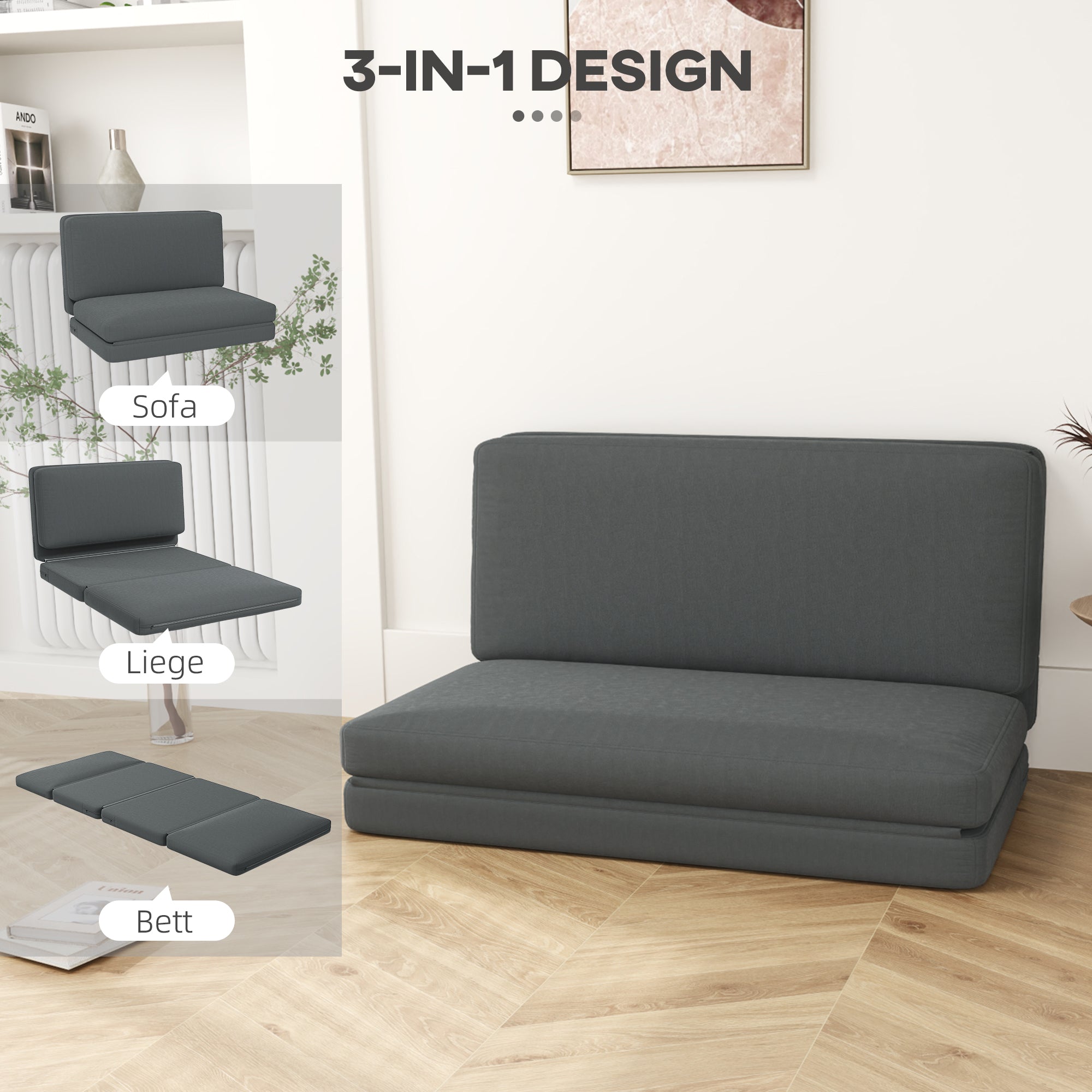 3-in-1 Foldable Floor Sofa Bed with Velvet-Like Cover, Padded Sofa Bed Load Capacity up to 240 kg for Bedroom, Living Room, Dark Gray