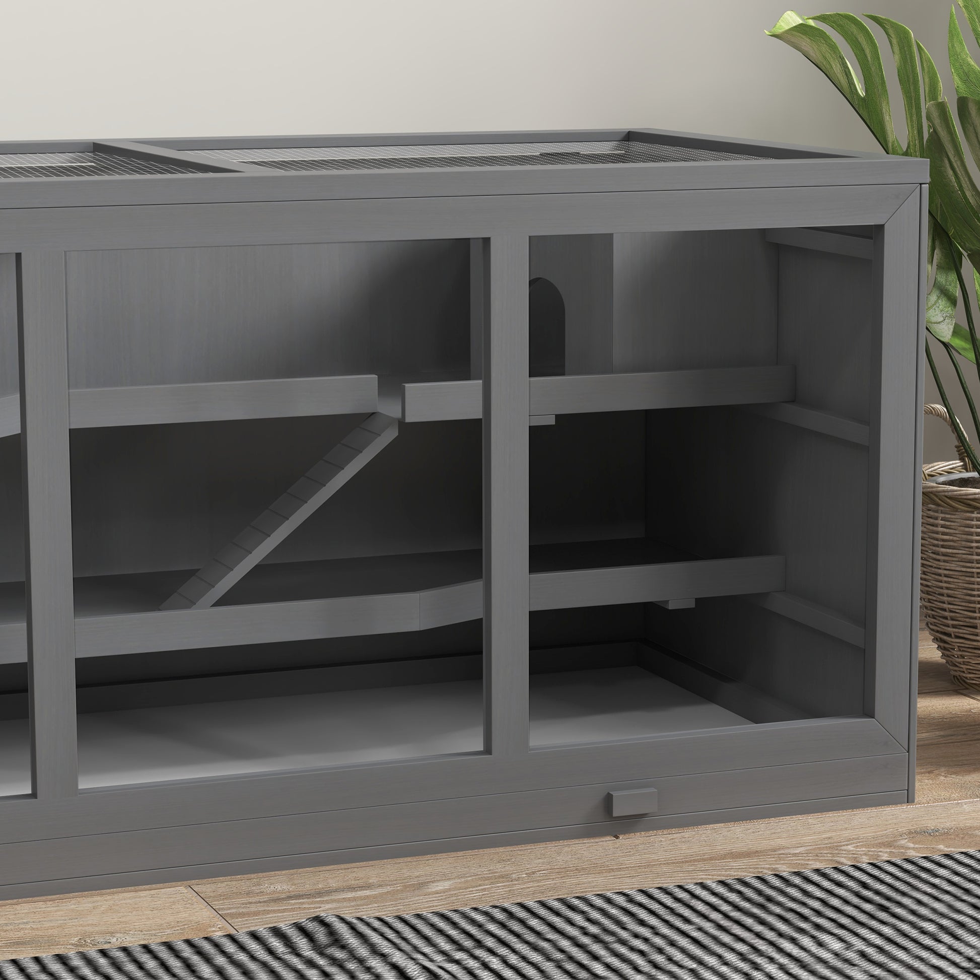 Wooden Hamster Cage 3 Levels Rodent Cage with Removable Tray Small Animal Cage with Folding Lid Stairs Wooden Cage Cage for Hamster Dwarf Hamster 115 x 57 x 55 cm Grey