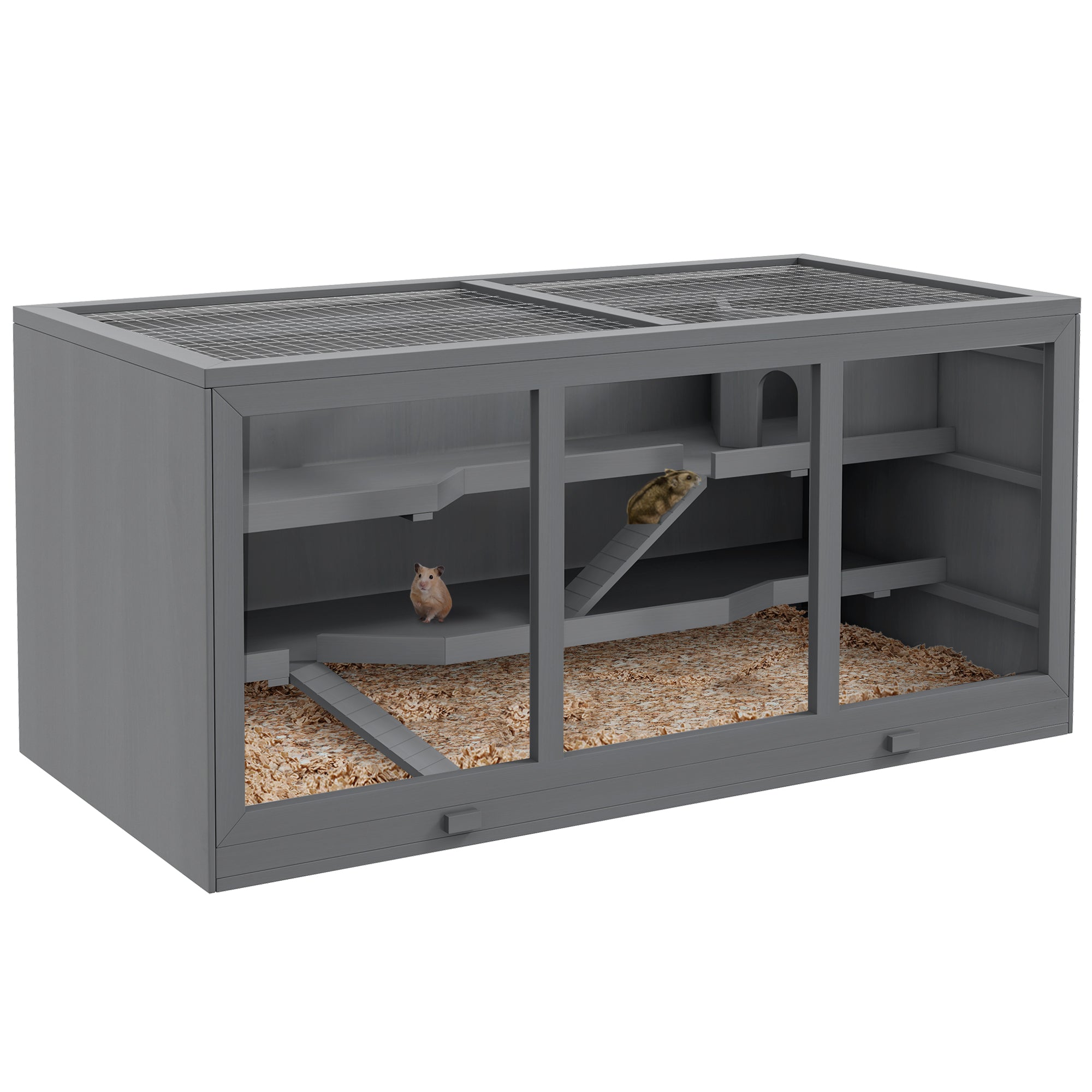 Wooden Hamster Cage 3 Levels Rodent Cage with Removable Tray Small Animal Cage with Folding Lid Stairs Wooden Cage Cage for Hamster Dwarf Hamster 115 x 57 x 55 cm Grey