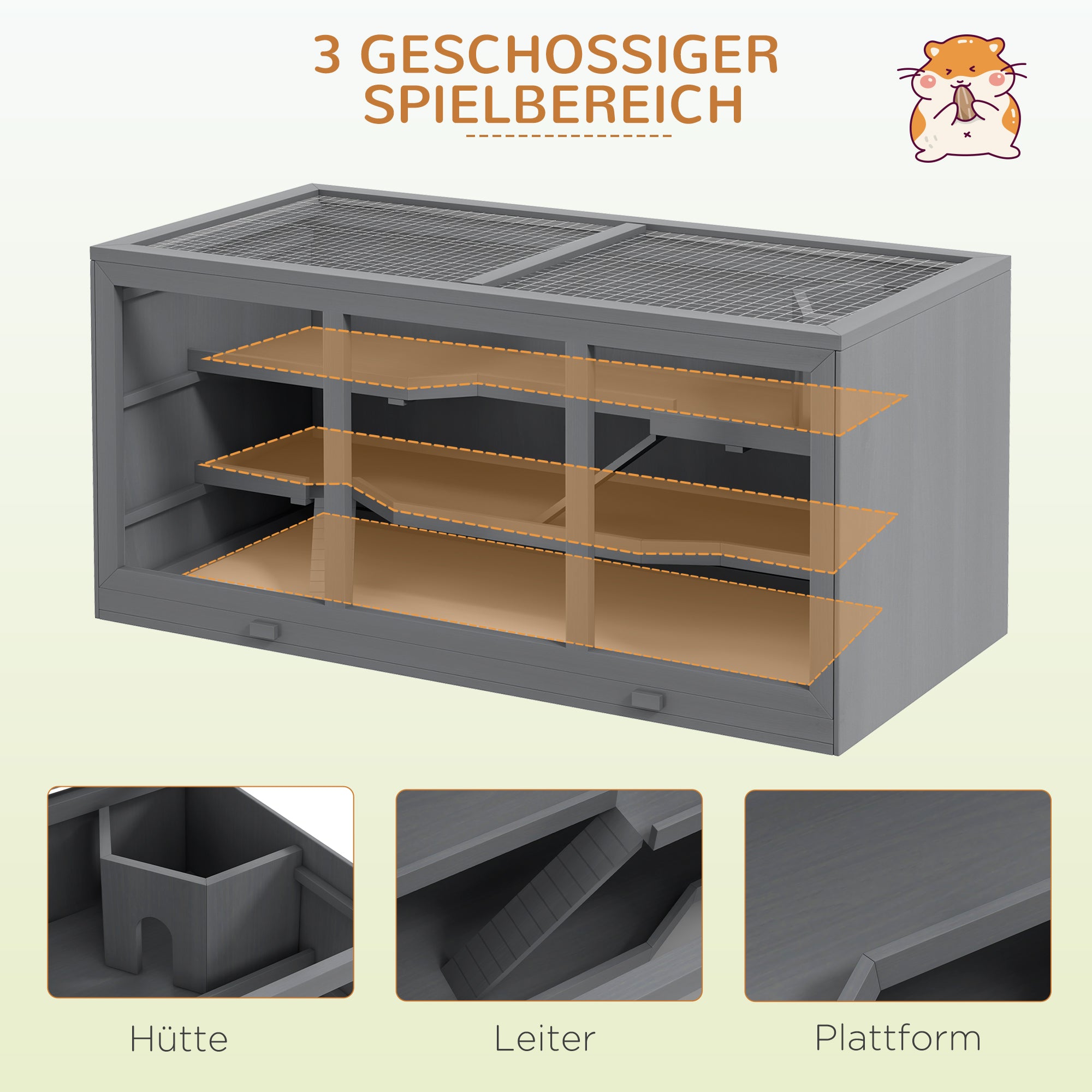 Wooden Hamster Cage 3 Levels Rodent Cage with Removable Tray Small Animal Cage with Folding Lid Stairs Wooden Cage Cage for Hamster Dwarf Hamster 115 x 57 x 55 cm Grey