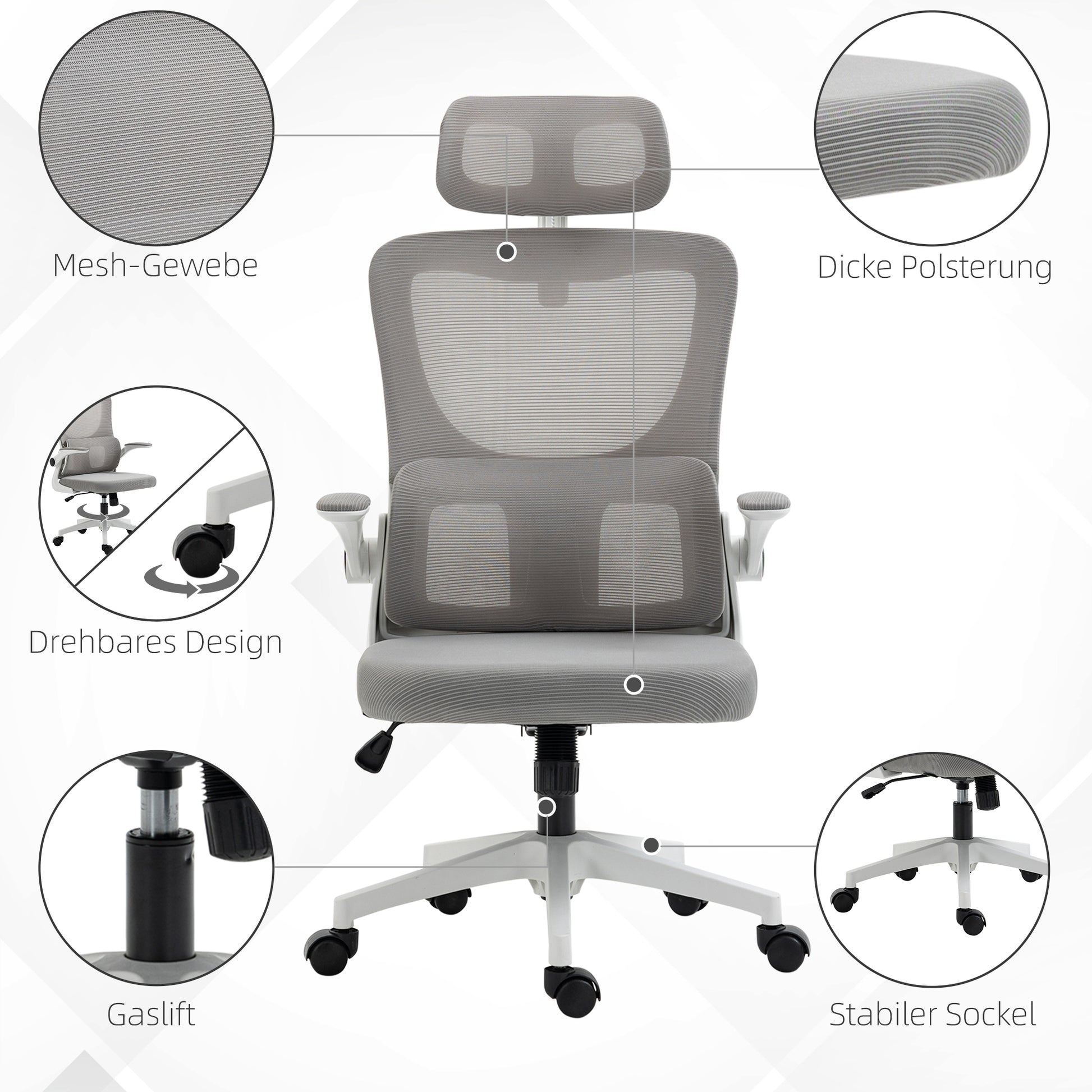 Ergonomic Office Chair, Desk Chair with Adjustable Armrest, Headrest, Tilt Function, Height Adjustable Swivel Chair, Computer Chair with Lumbar Support, Mesh, Gray