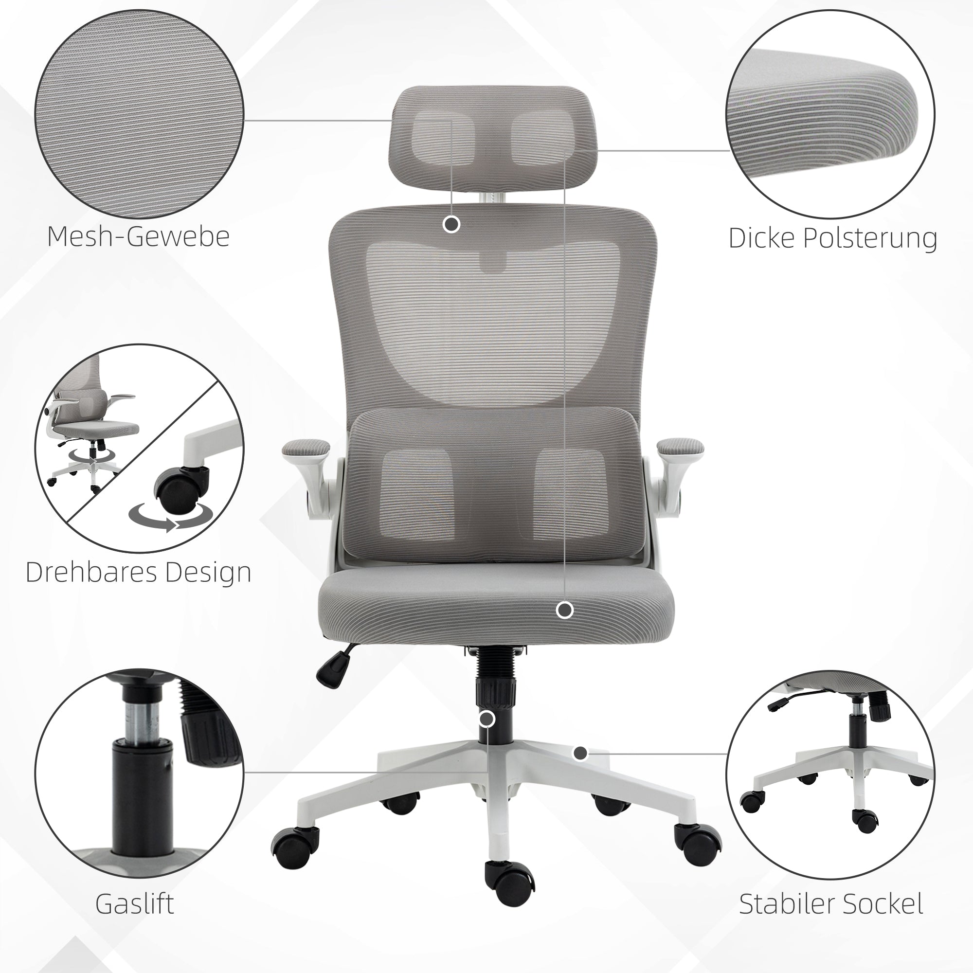 Ergonomic Office Chair, Desk Chair with Adjustable Armrest, Headrest, Tilt Function, Height Adjustable Swivel Chair, Computer Chair with Lumbar Support, Mesh, Gray
