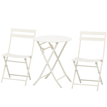 White Steel Folding Garden Table with Chairs, 3 Piece Set for Balcony, Terrace, Outdoor