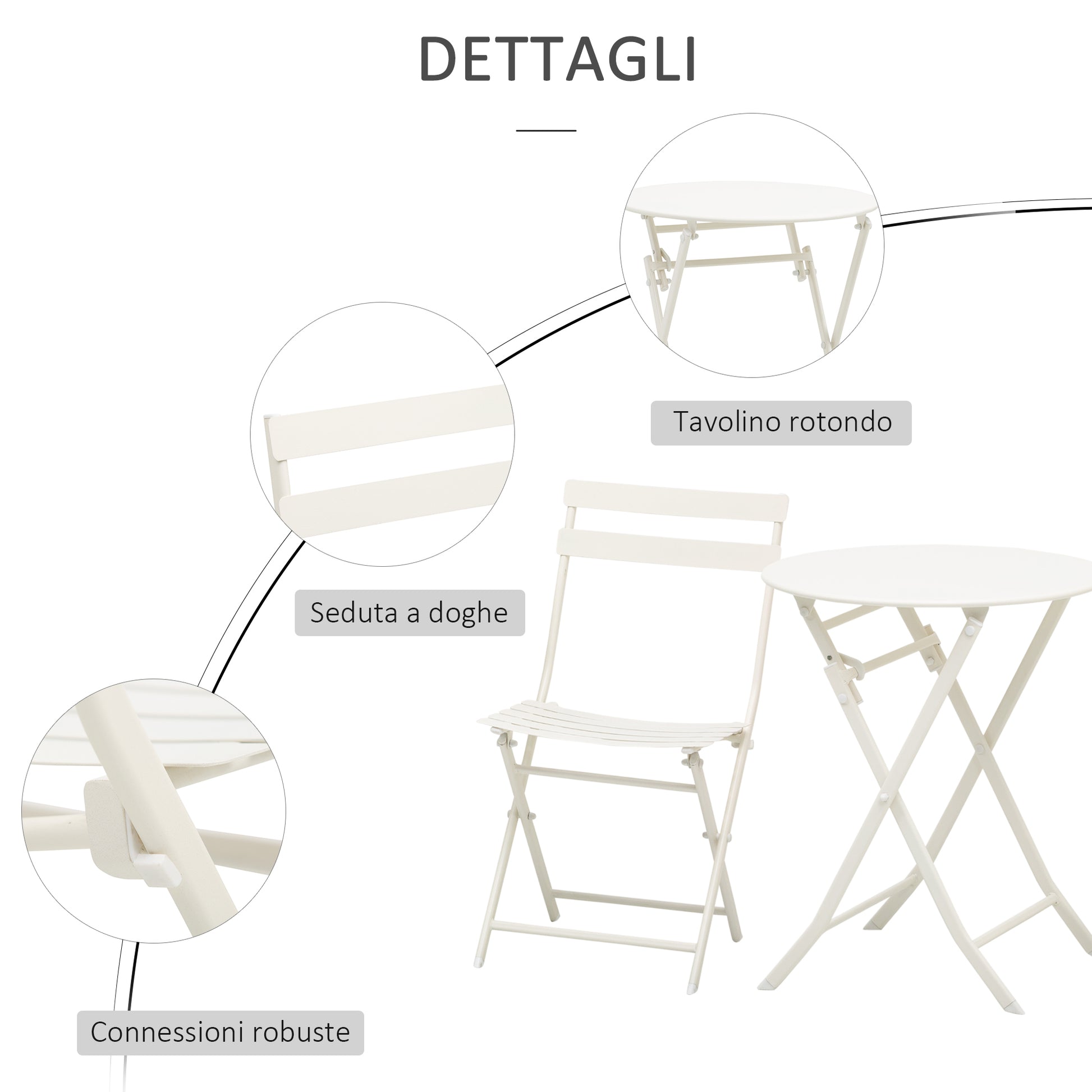 White Steel Folding Garden Table with Chairs, 3 Piece Set for Balcony, Terrace, Outdoor