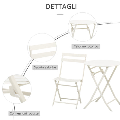 White Steel Folding Garden Table with Chairs, 3 Piece Set for Balcony, Terrace, Outdoor