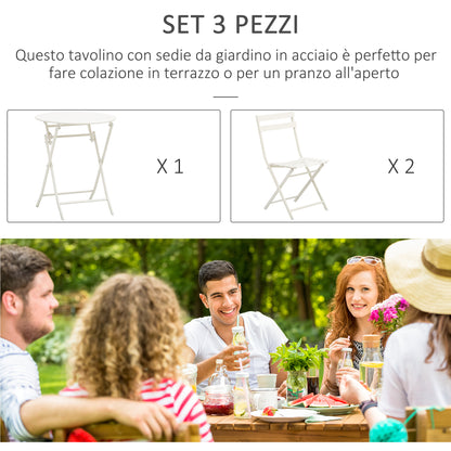 White Steel Folding Garden Table with Chairs, 3 Piece Set for Balcony, Terrace, Outdoor