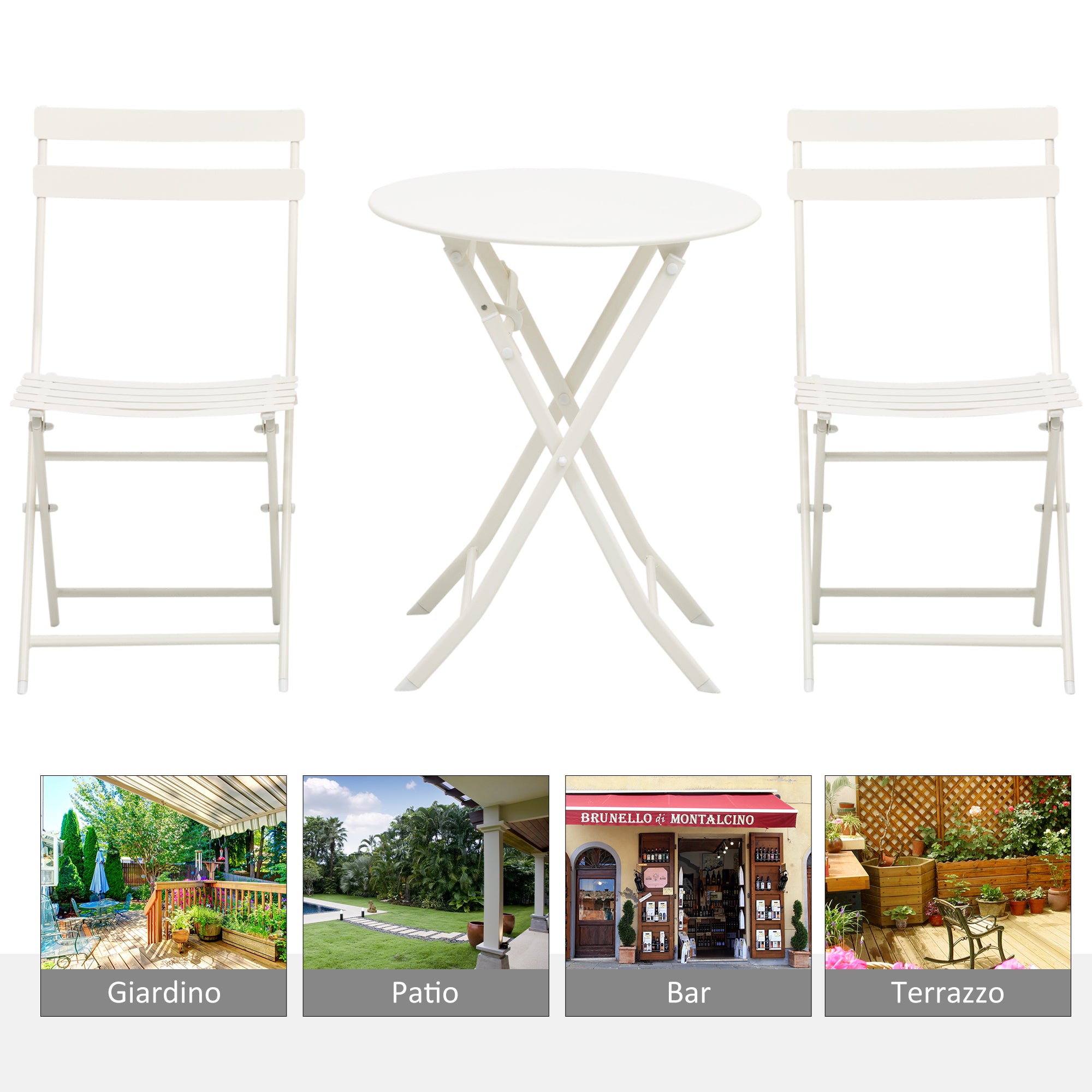 White Steel Folding Garden Table with Chairs, 3 Piece Set for Balcony, Terrace, Outdoor
