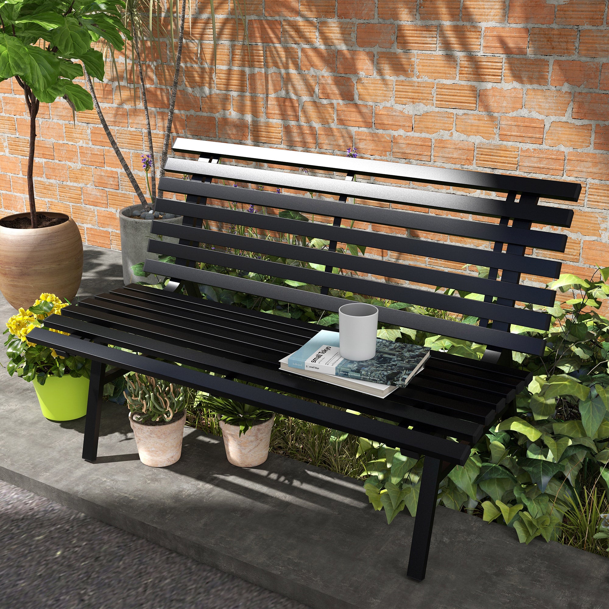 2-Seater Aluminum Garden Bench, Weatherproof Bench, UV-Resistant Garden Furniture with Louvre Design, Park Bench 240kg Load Capacity, Balcony Bench for Balcony Terrace, Garden, 123x67x79cm, Black