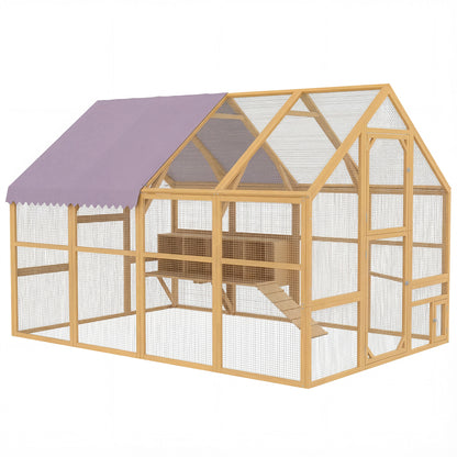 Wooden Chicken Run, approx. 56 sq ft (9'2" x 6'1" x 6'2") Outdoor Run with Covered Area, Lockable Door, Ramp, 4 Nesting Boxes — Yellow (Fits 8–12 Hens)