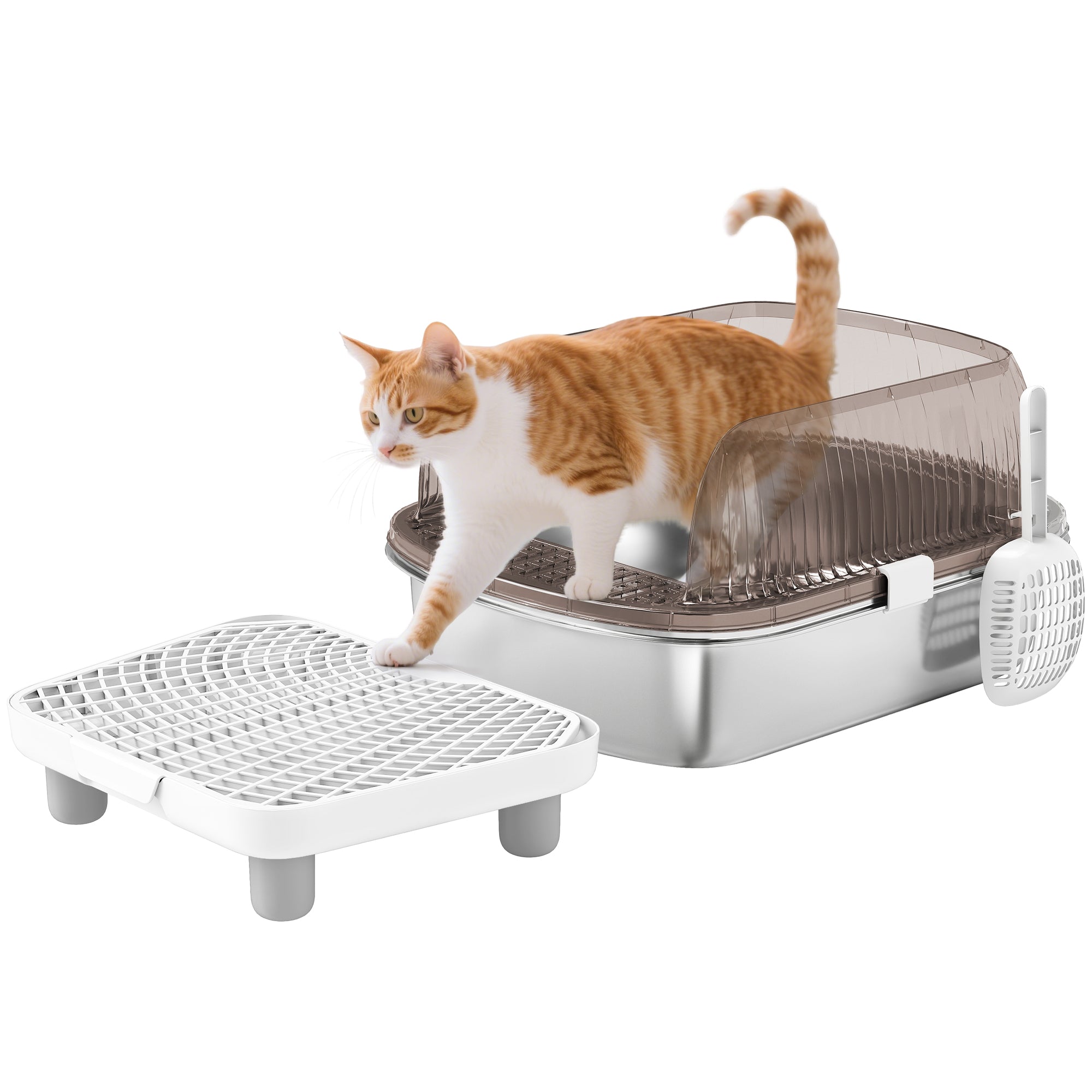 Extra Large Covered Cat Litter Box Closed with Stainless Steel Tray High Edges Shovel Step Sand Falling Area Odorless Easy Cleaning for Large Cats Gray