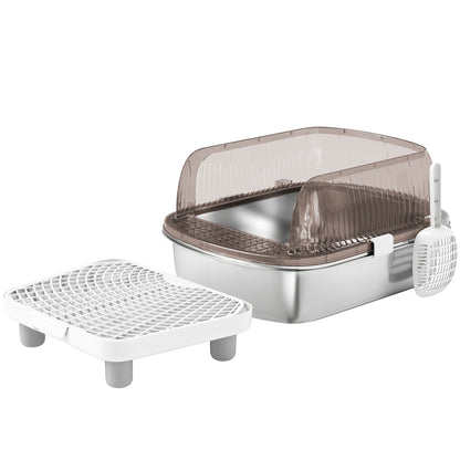 Extra Large Covered Cat Litter Box Closed with Stainless Steel Tray High Edges Shovel Step Sand Falling Area Odorless Easy Cleaning for Large Cats Gray