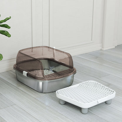 Extra Large Covered Cat Litter Box Closed with Stainless Steel Tray High Edges Shovel Step Sand Falling Area Odorless Easy Cleaning for Large Cats Gray